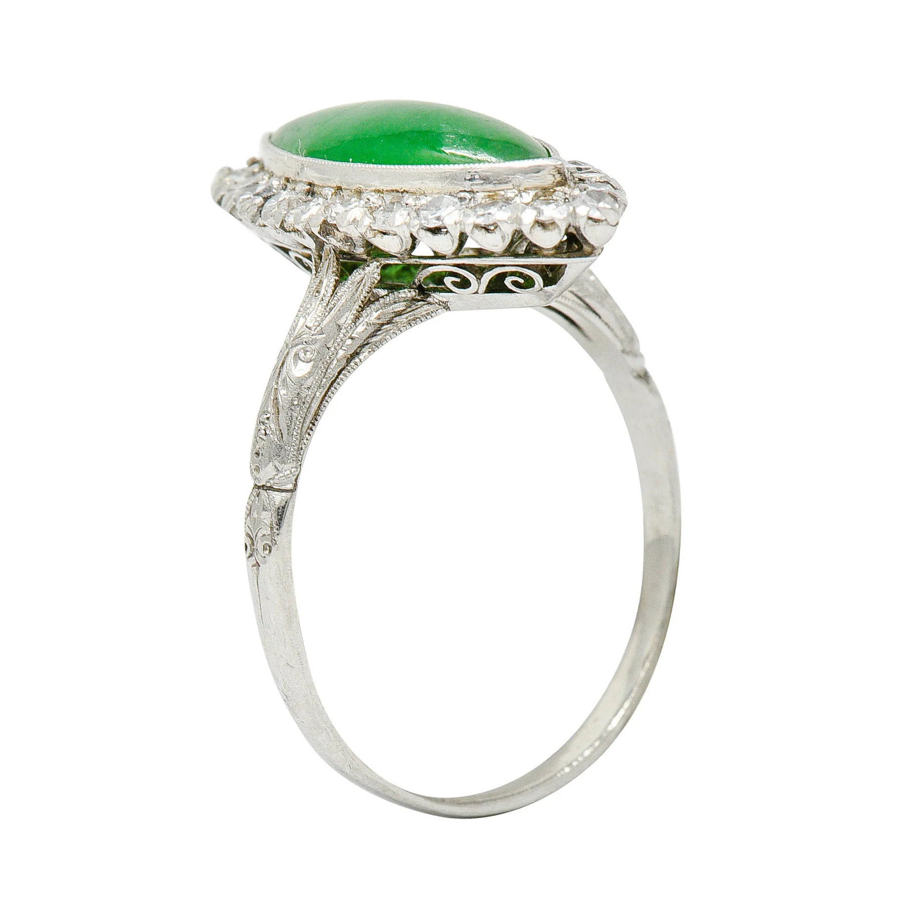 1930's Art Deco Jade Diamond Platinum Navette Cluster Ring - Image 8