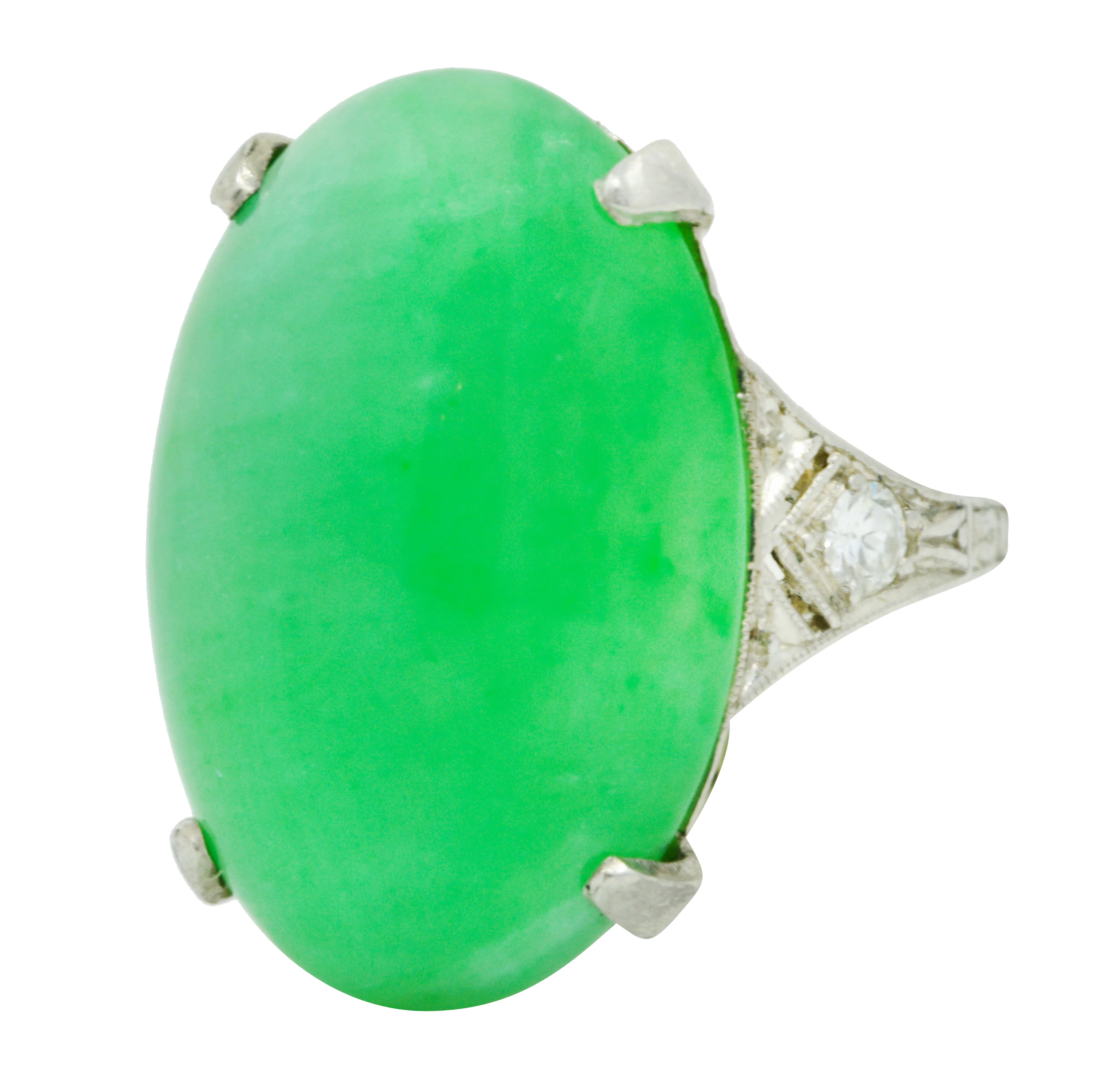 1930's Art Deco Jadeite Jade Diamond Platinum Cabochon Ring GIA - Image 6