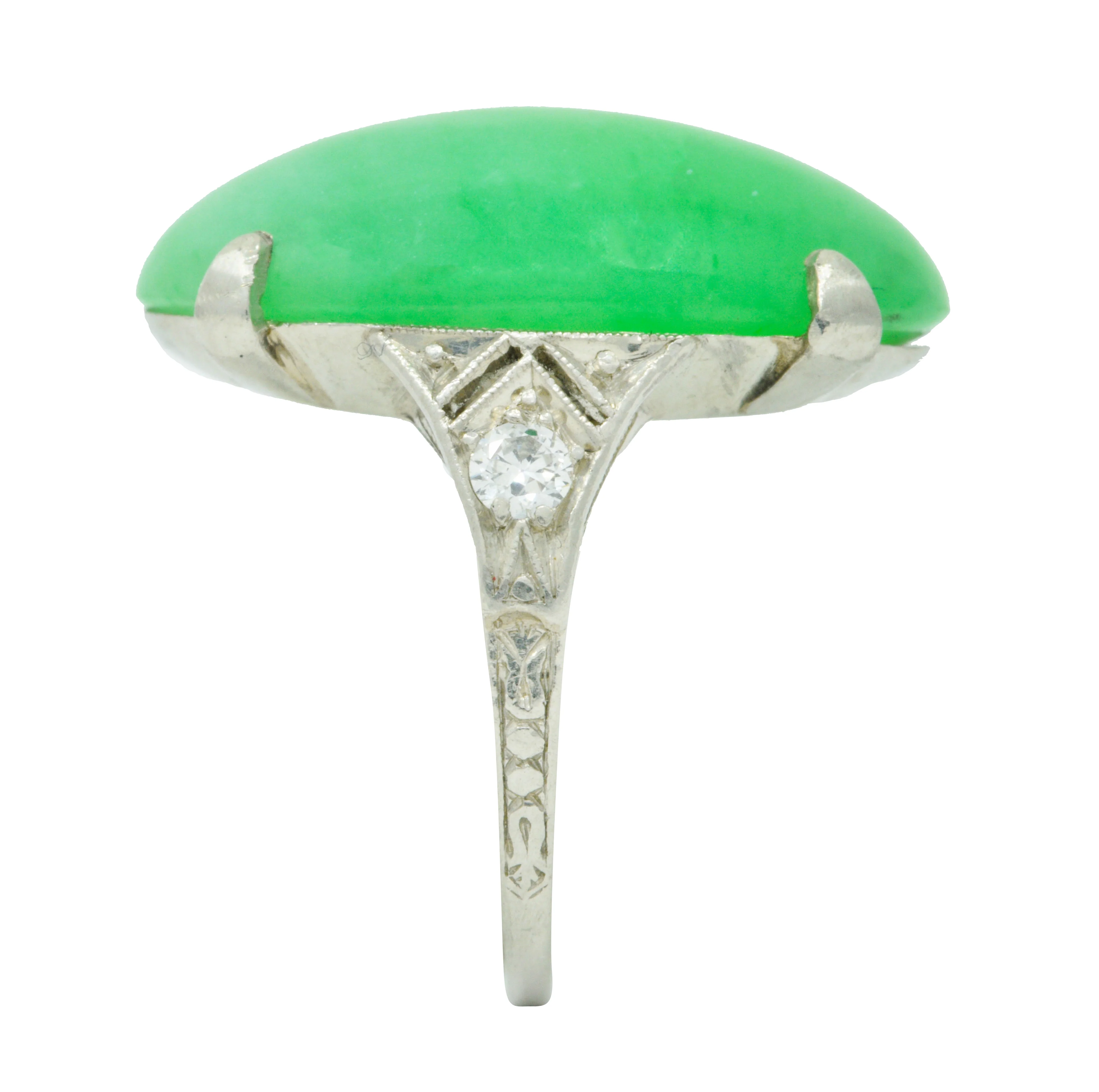 1930's Art Deco Jadeite Jade Diamond Platinum Cabochon Ring GIA - Image 8