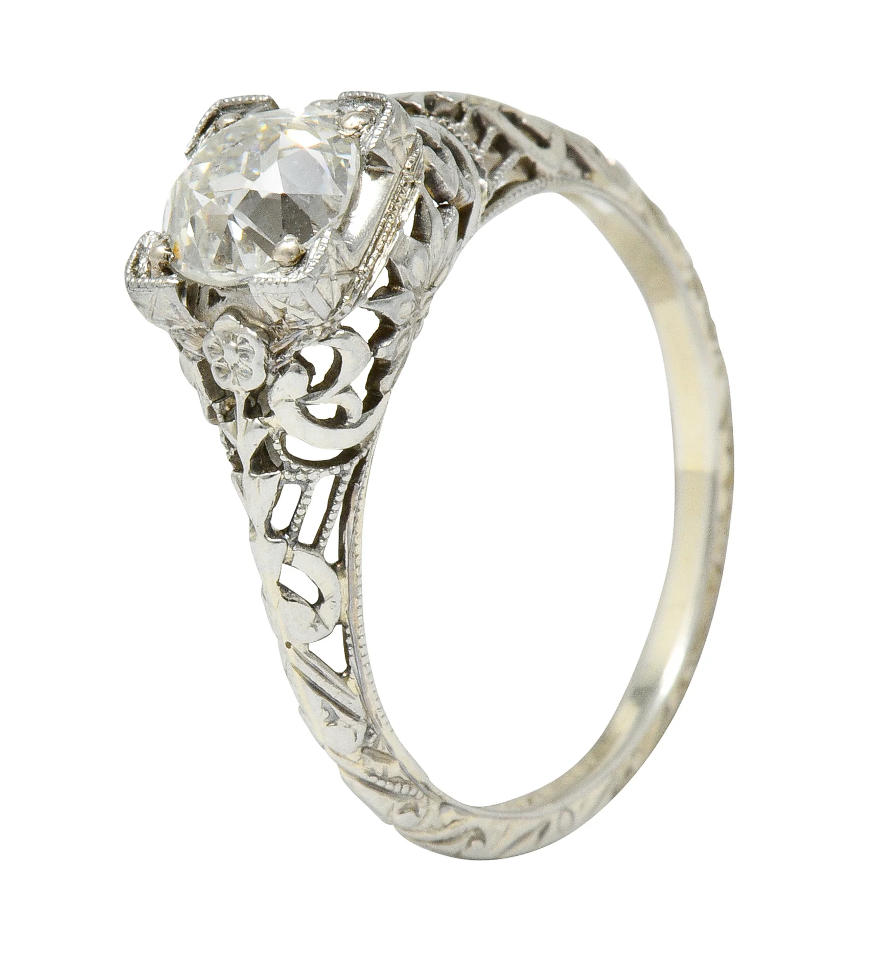 1930's Walter McKenna 1.00 CTW Diamond 18 Karat White Gold Floral Engagement Ring - Image 10
