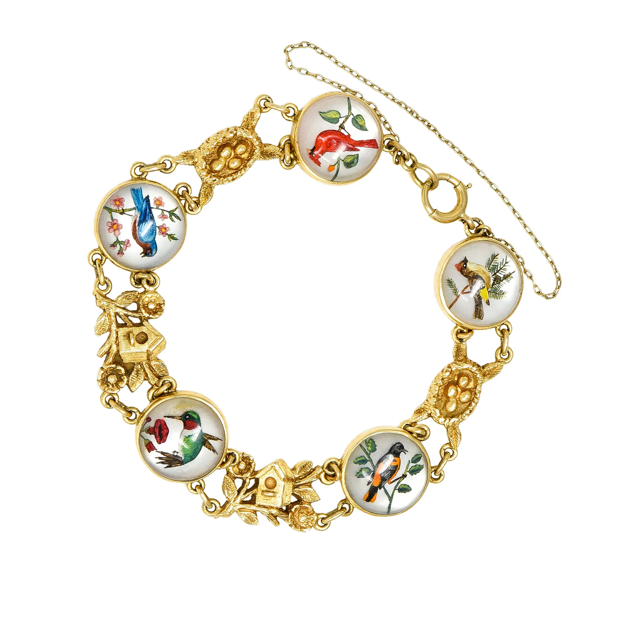 1940’s Essex Crystal Quartz 14 Karat Yellow Gold Bird Themed Antique Link Bracelet - Image 2