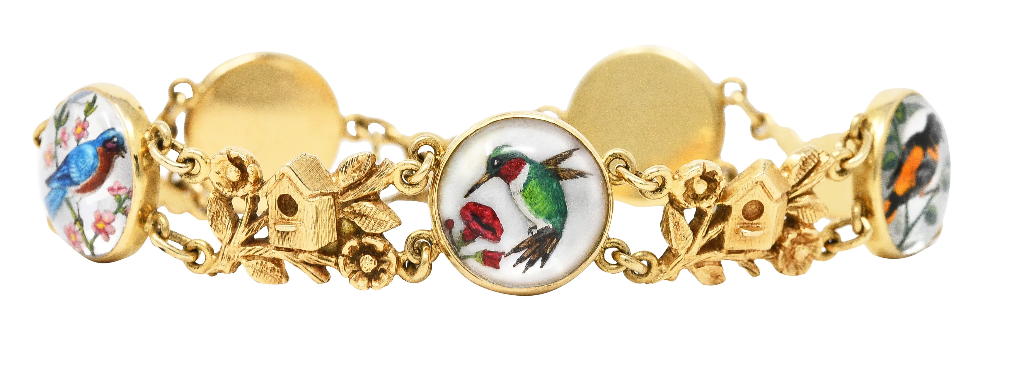 1940’s Essex Crystal Quartz 14 Karat Yellow Gold Bird Themed Antique Link Bracelet - Image 3