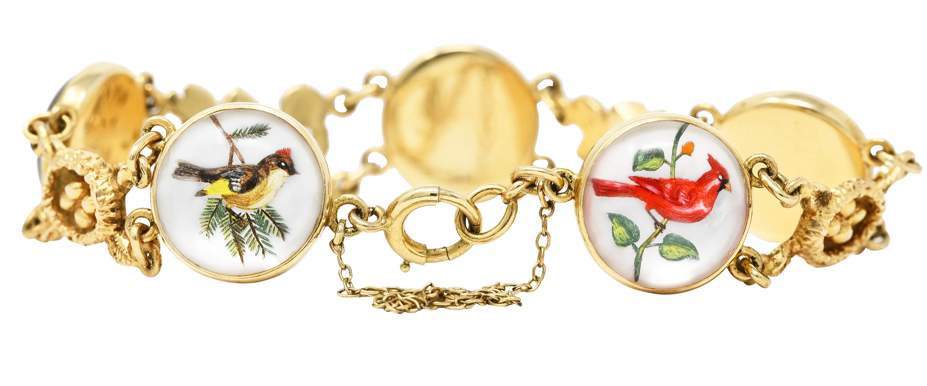 1940’s Essex Crystal Quartz 14 Karat Yellow Gold Bird Themed Antique Link Bracelet - Image 4