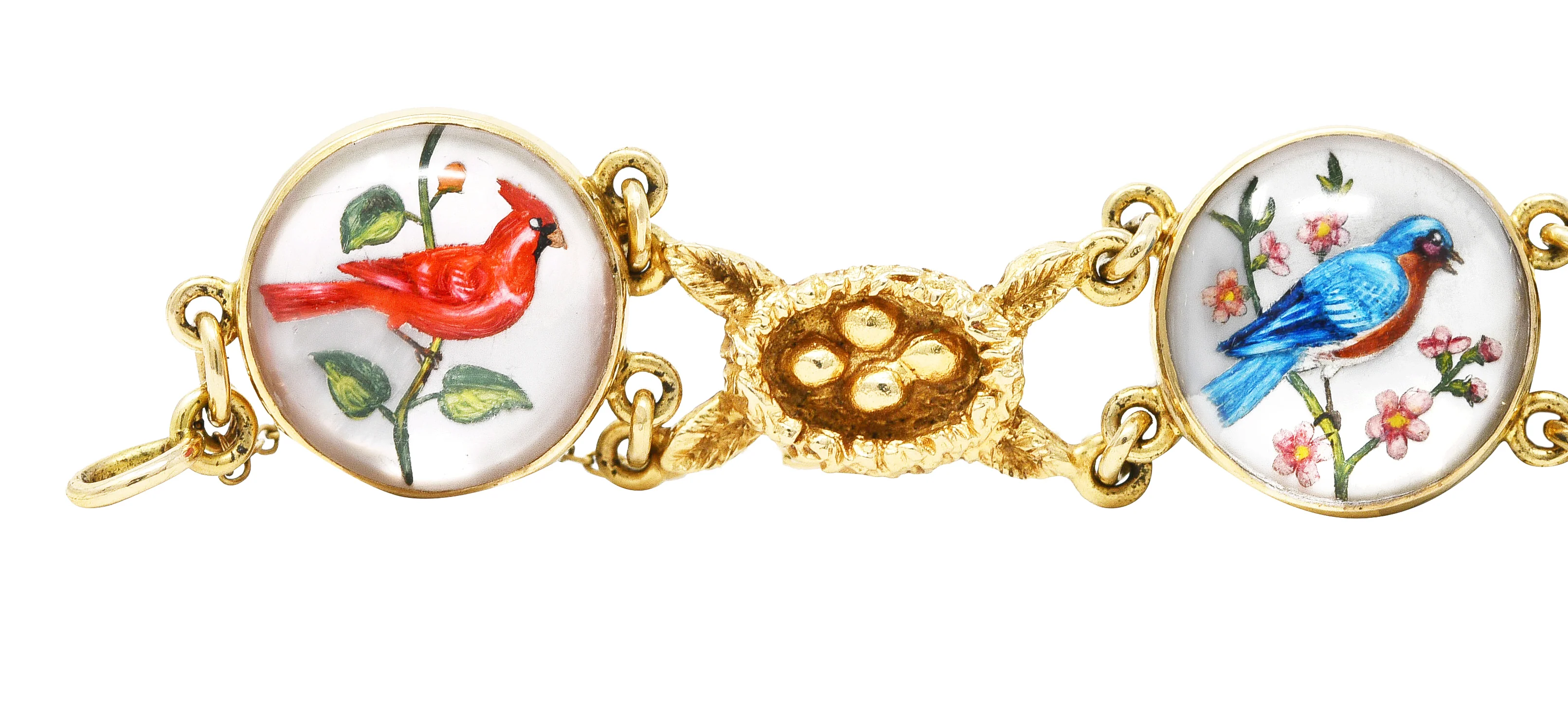 1940’s Essex Crystal Quartz 14 Karat Yellow Gold Bird Themed Antique Link Bracelet - Image 5
