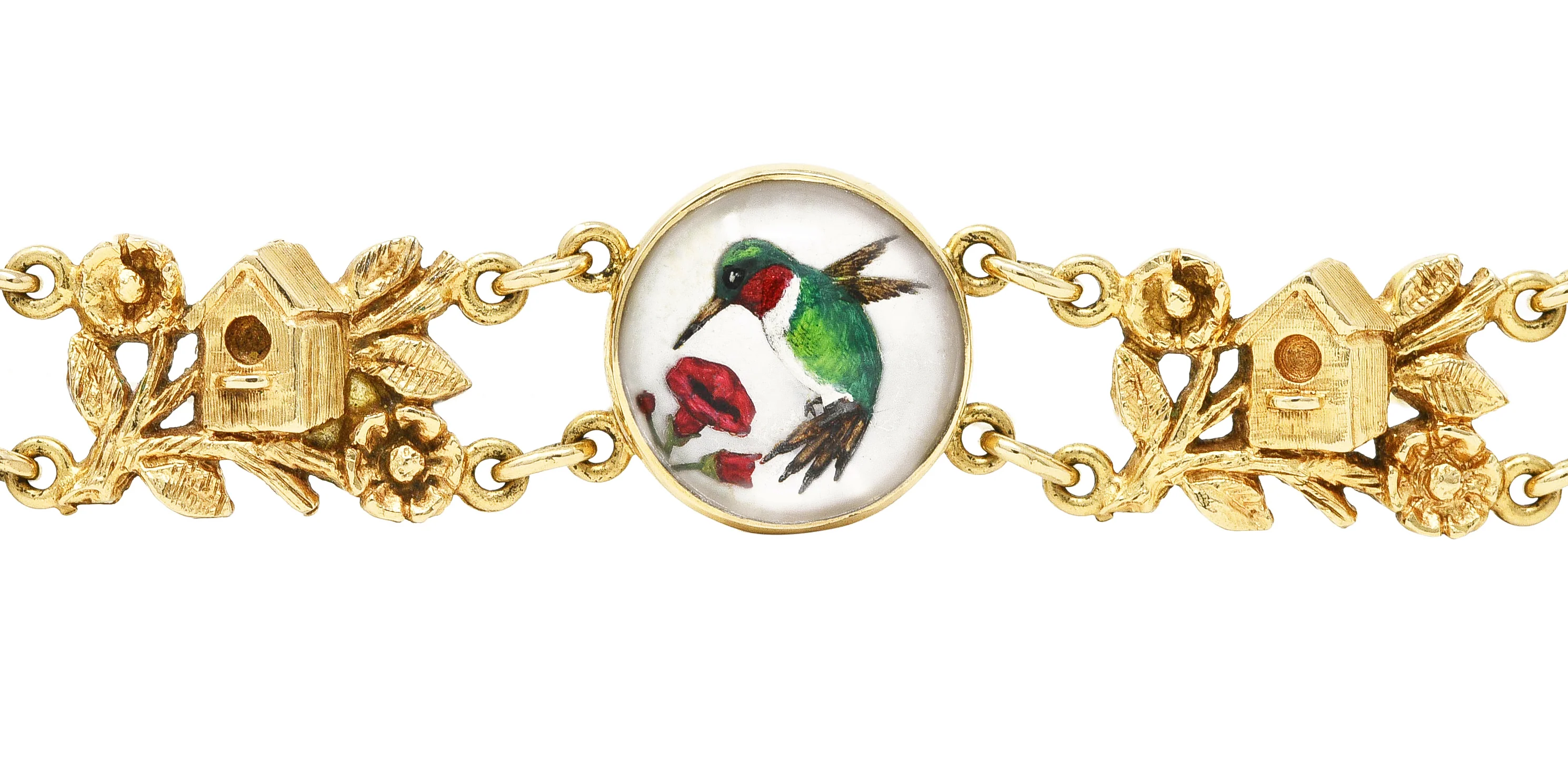 1940’s Essex Crystal Quartz 14 Karat Yellow Gold Bird Themed Antique Link Bracelet - Image 6