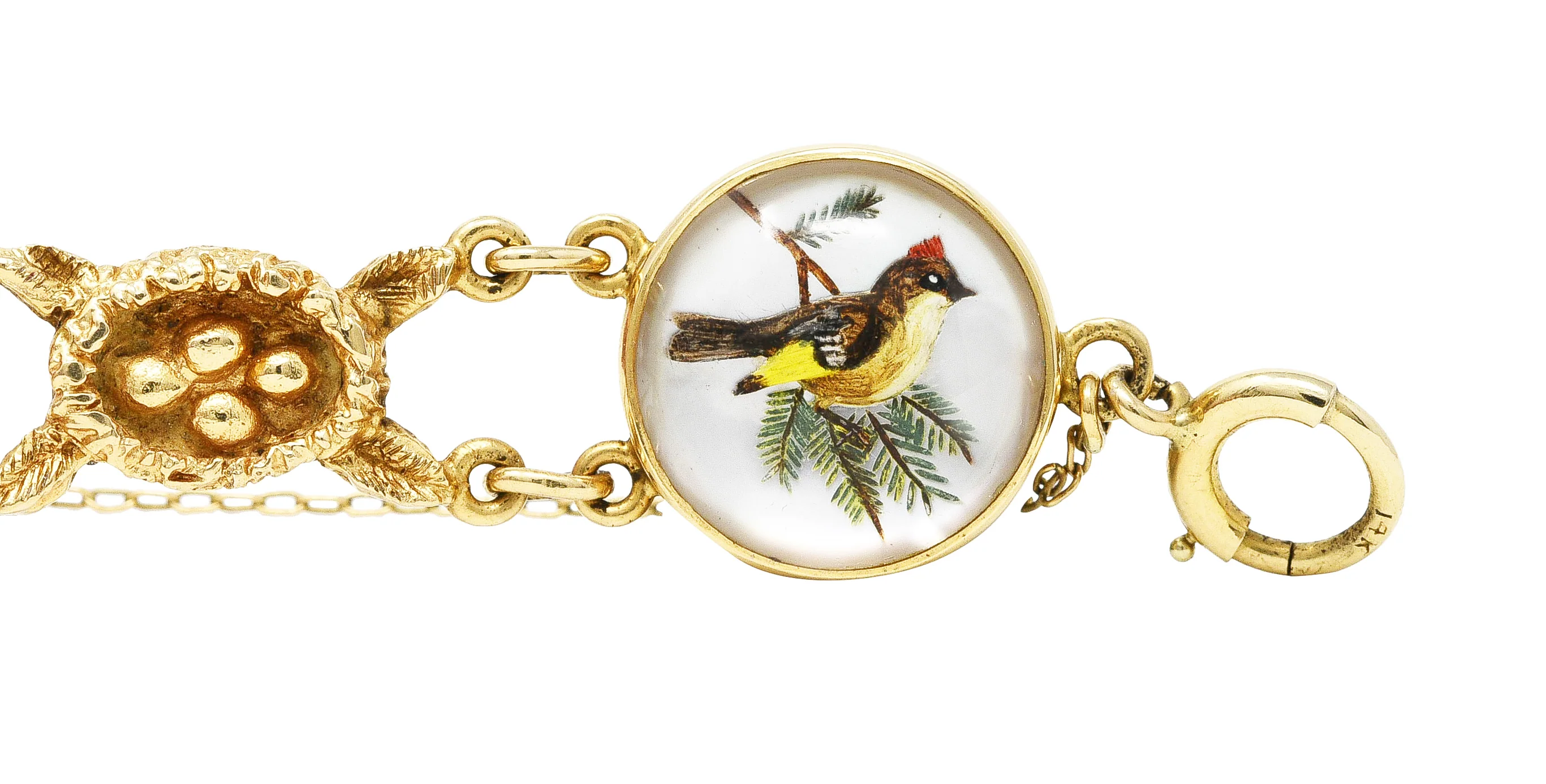 1940’s Essex Crystal Quartz 14 Karat Yellow Gold Bird Themed Antique Link Bracelet - Image 7
