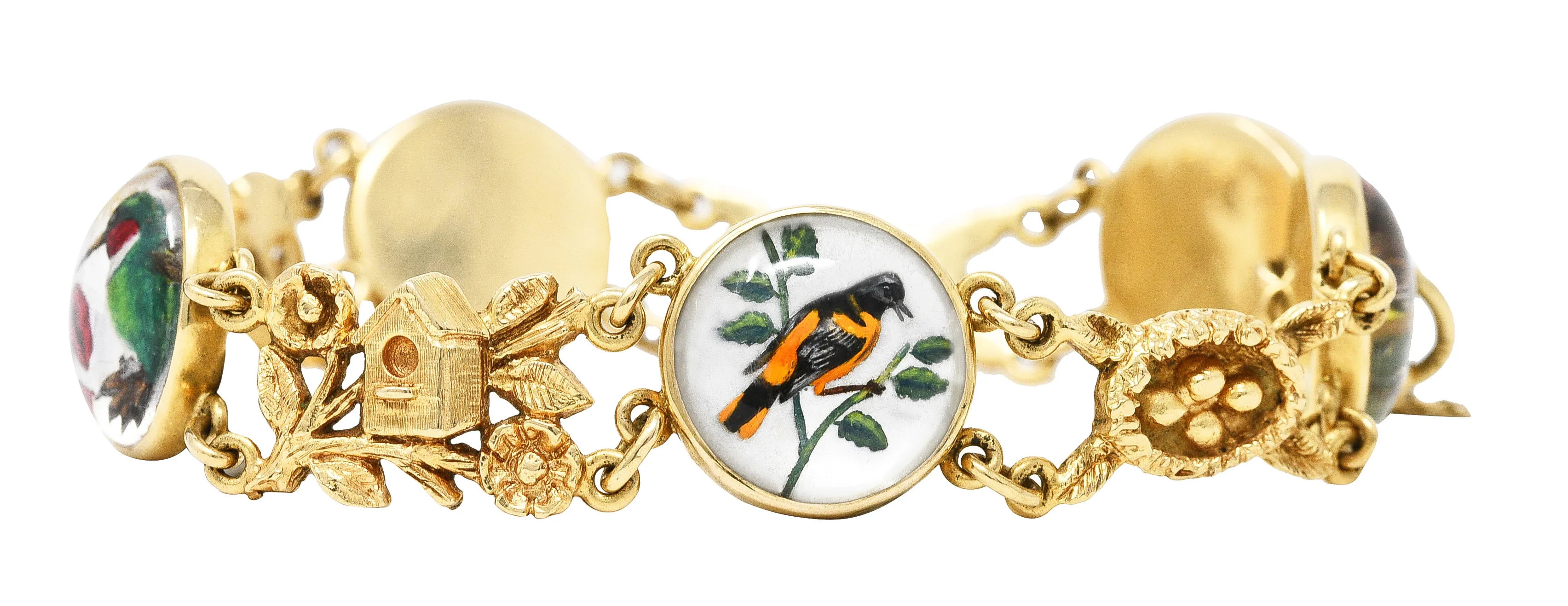 1940’s Essex Crystal Quartz 14 Karat Yellow Gold Bird Themed Antique Link Bracelet - Image 8