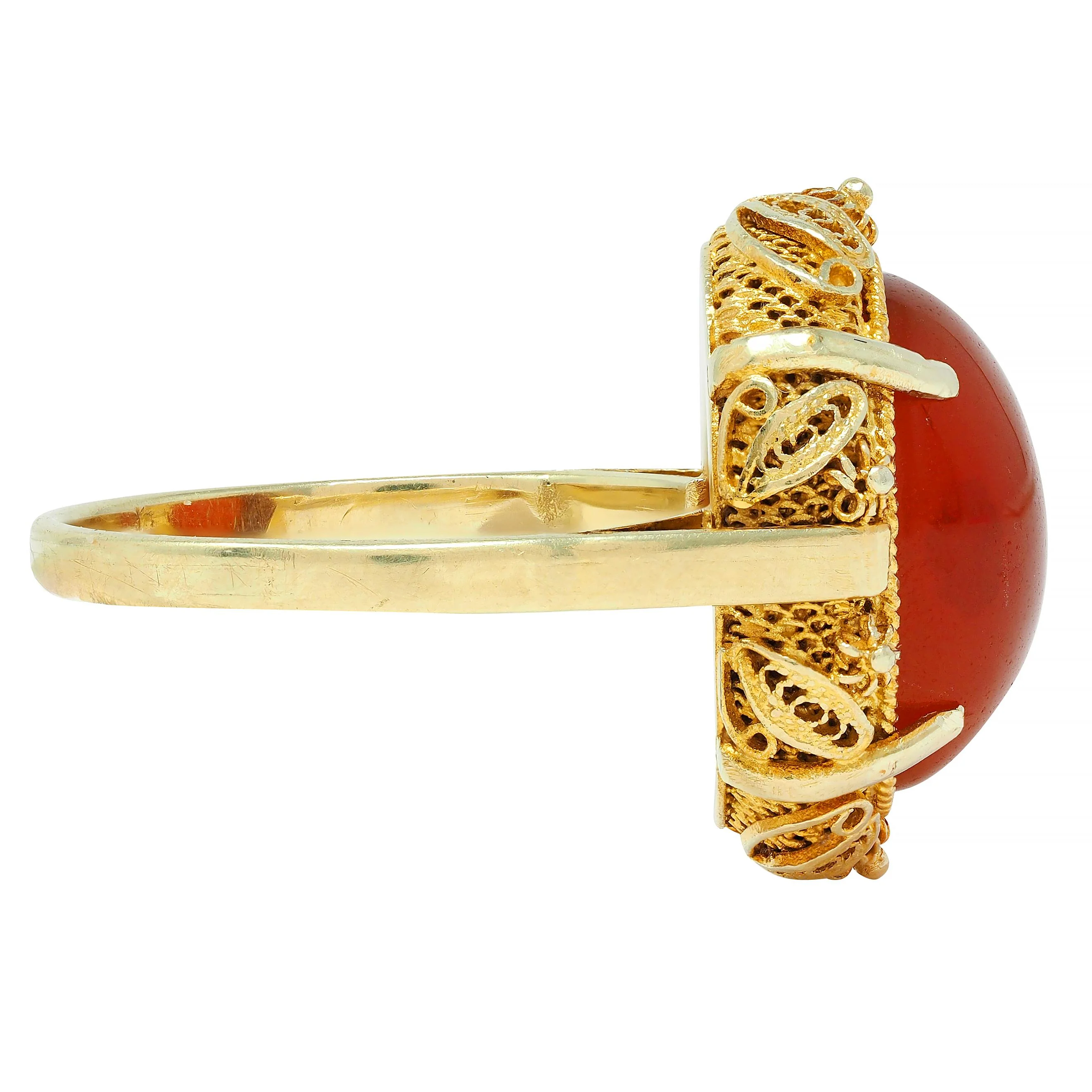 1940s Carnelian 14 Karat Yellow Gold Vintage Cabochon Filigree Ring - Image 3