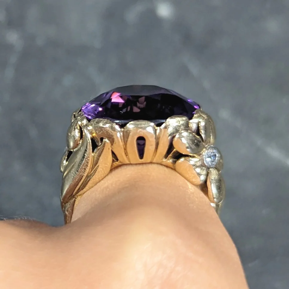 1940's Diamond Amethyst 14 Karat Two-Tone Gold Daisy Floral Retro Vintage Cocktail Ring - Image 10