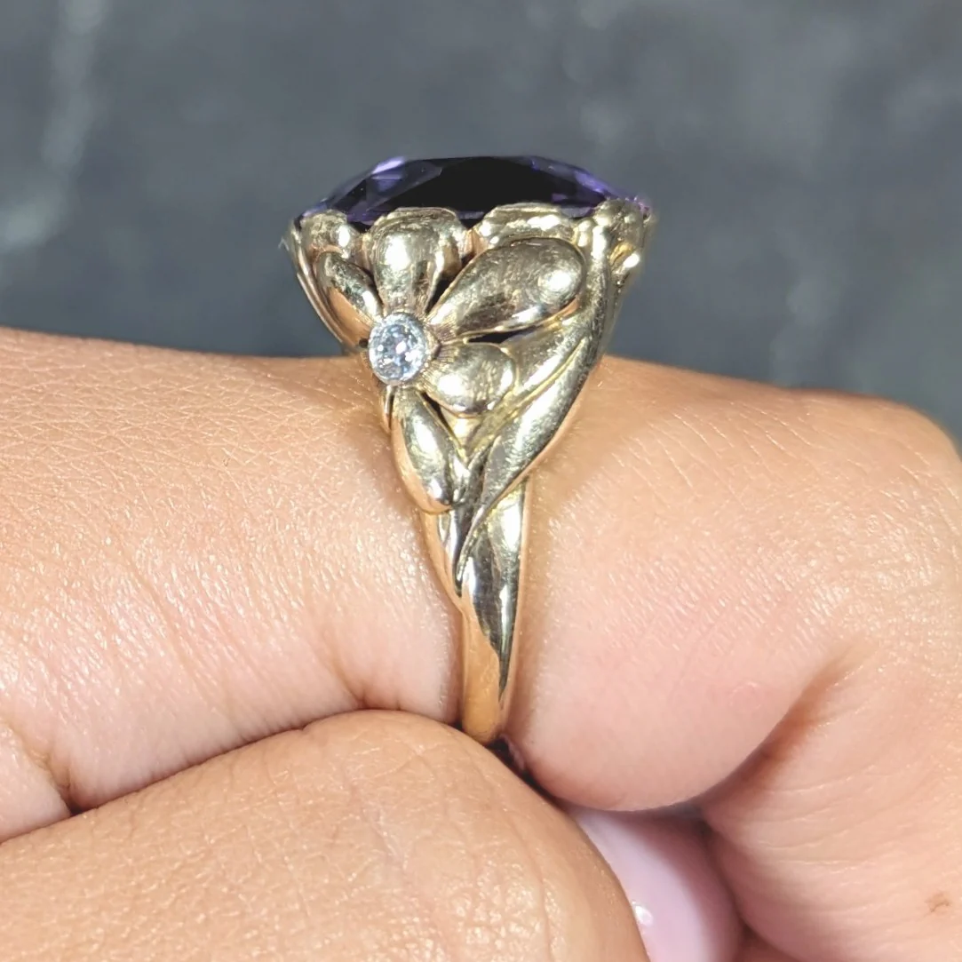 1940's Diamond Amethyst 14 Karat Two-Tone Gold Daisy Floral Retro Vintage Cocktail Ring - Image 11