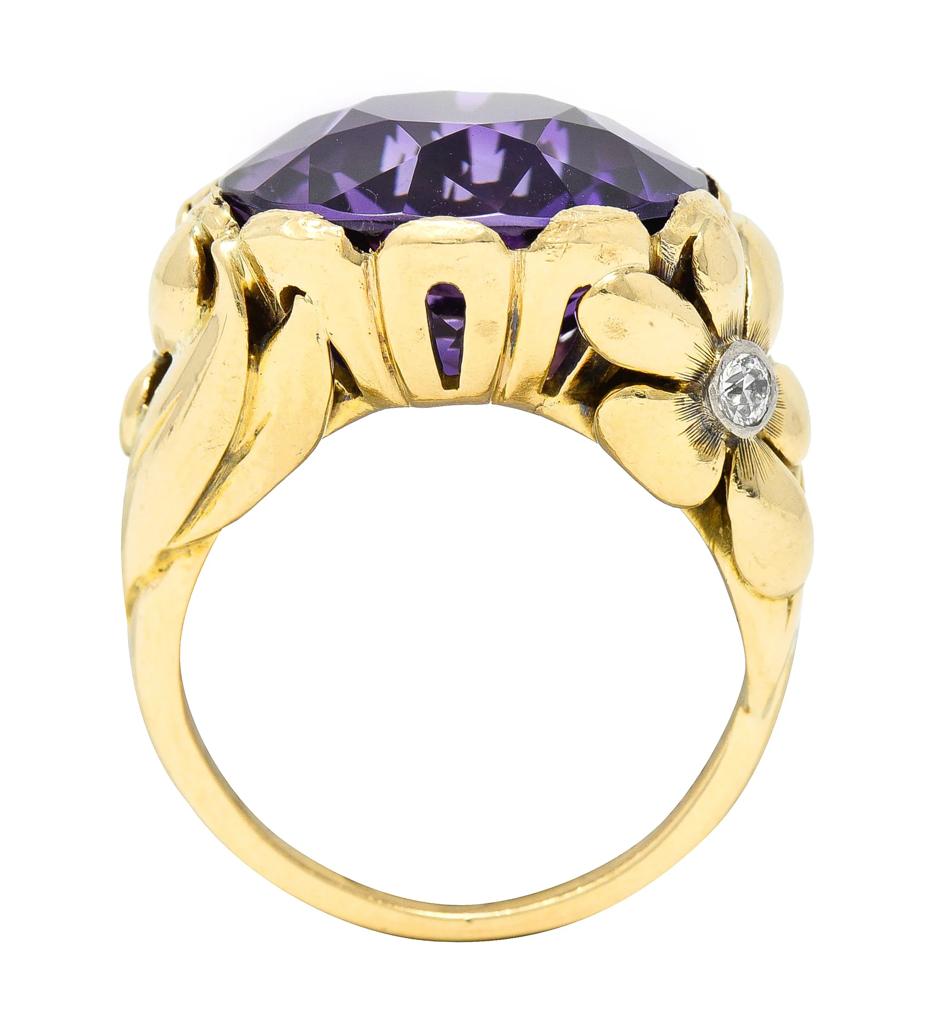 1940's Diamond Amethyst 14 Karat Two-Tone Gold Daisy Floral Retro Vintage Cocktail Ring - Image 2