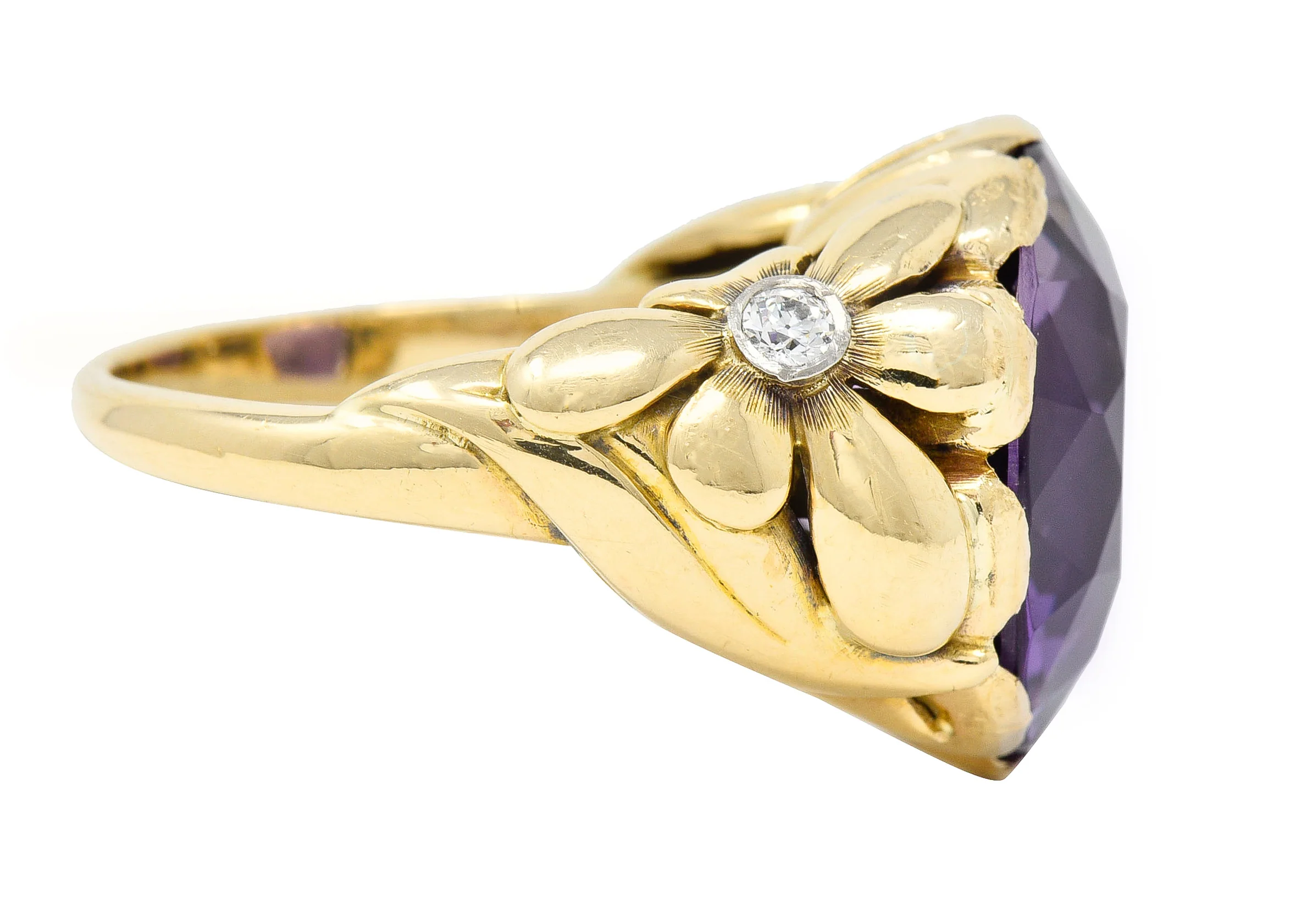 1940's Diamond Amethyst 14 Karat Two-Tone Gold Daisy Floral Retro Vintage Cocktail Ring - Image 4