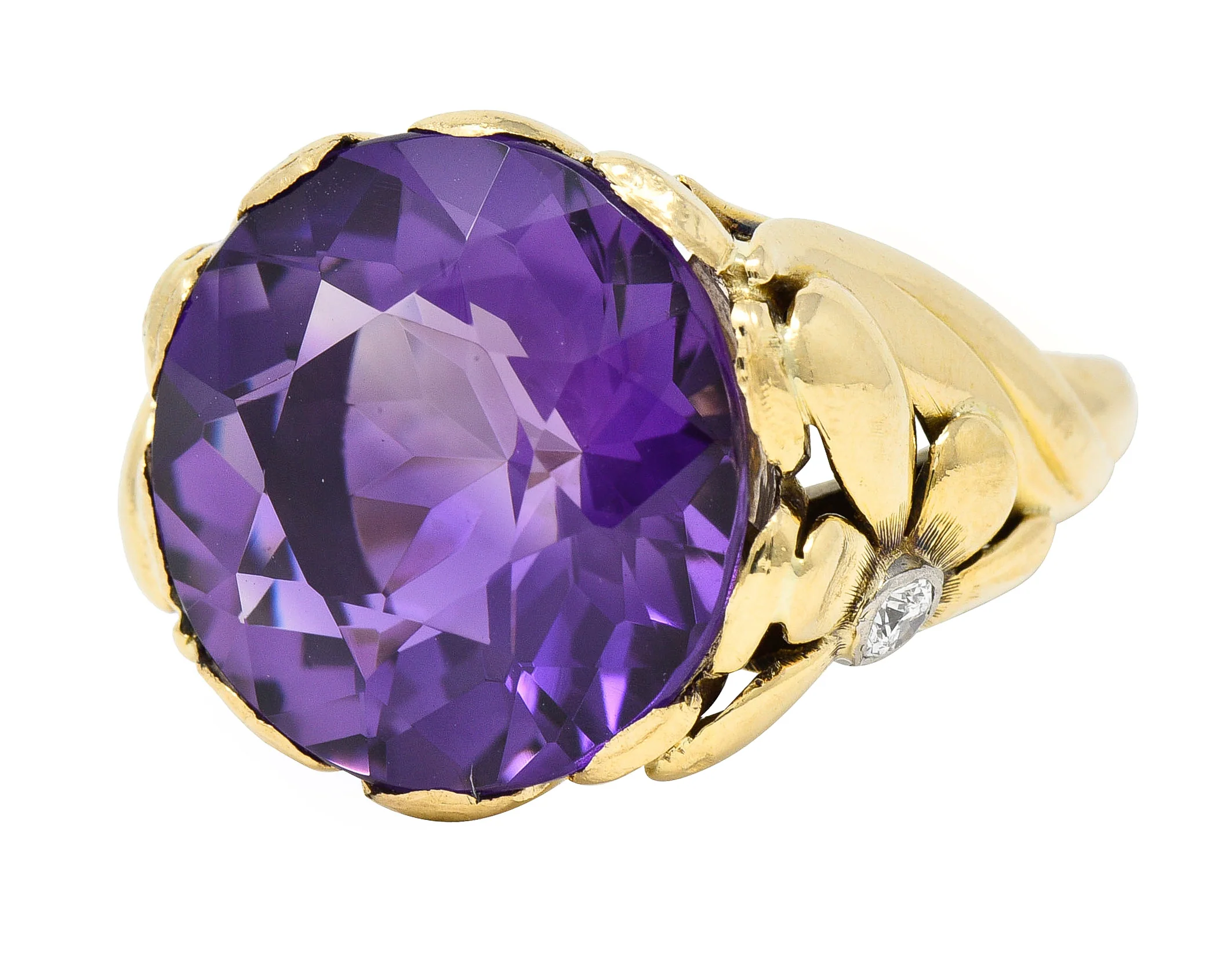 1940's Diamond Amethyst 14 Karat Two-Tone Gold Daisy Floral Retro Vintage Cocktail Ring - Image 7