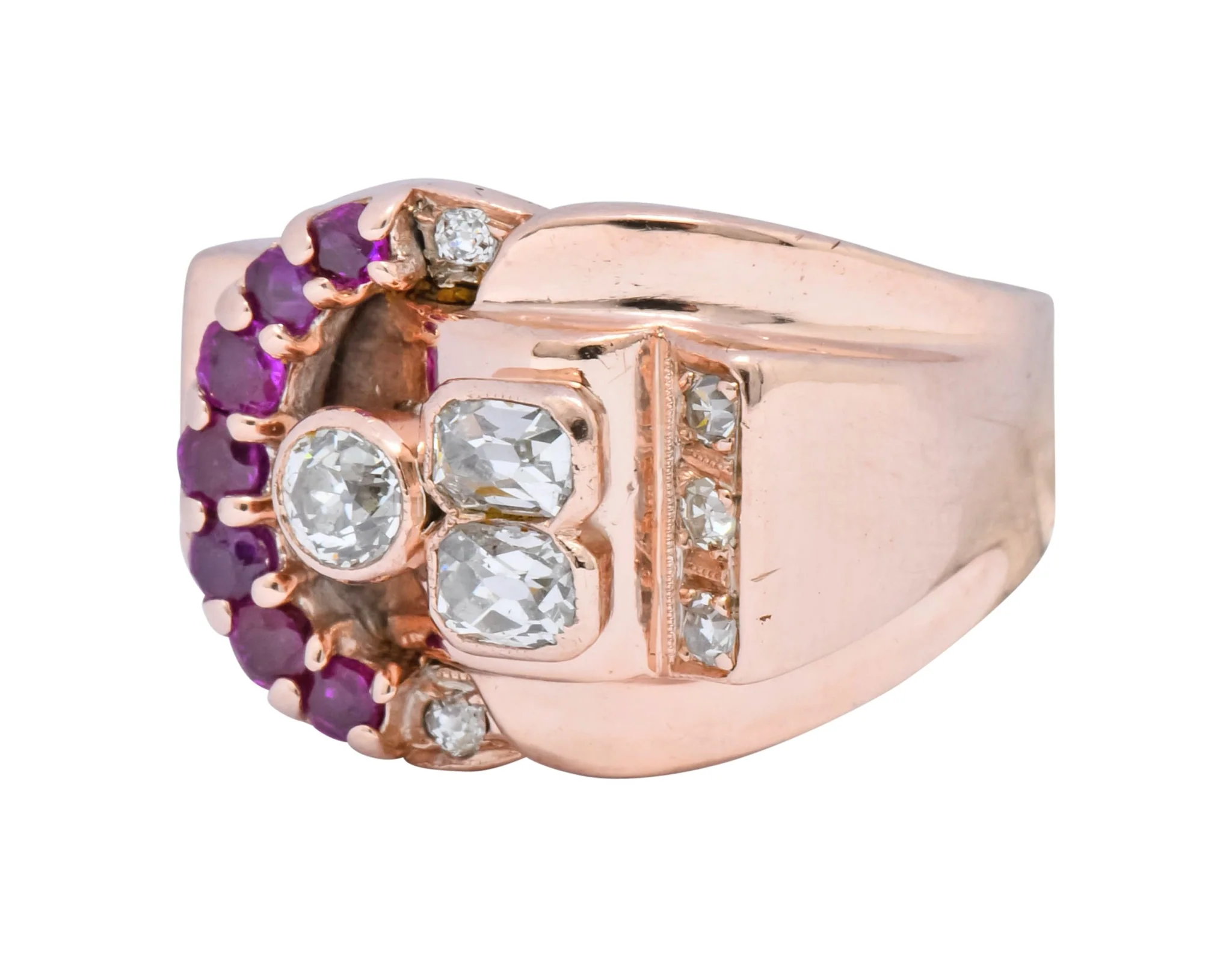 1940's Retro 1.20 CTW Diamond Ruby 14 Karat Rose Gold Buckle Ring - Image 6