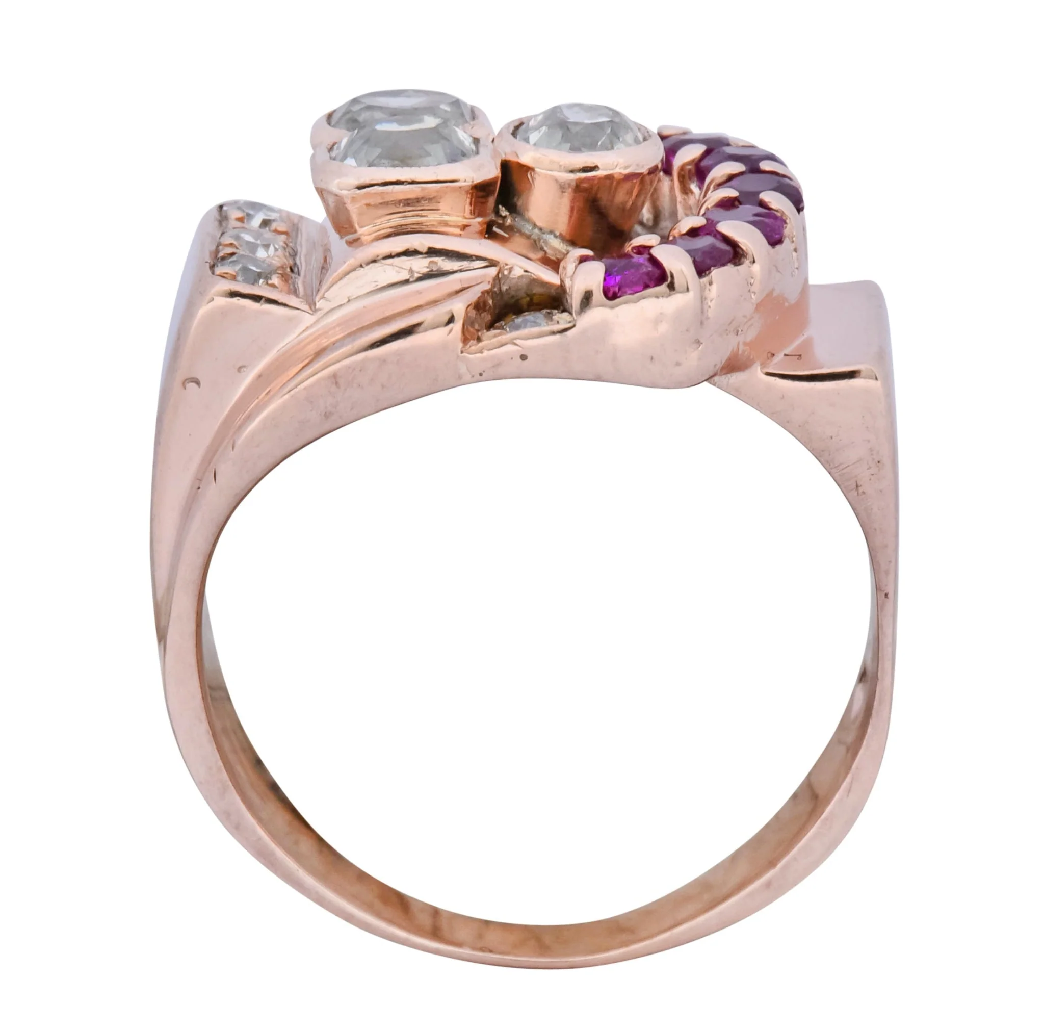 1940's Retro 1.20 CTW Diamond Ruby 14 Karat Rose Gold Buckle Ring - Image 7