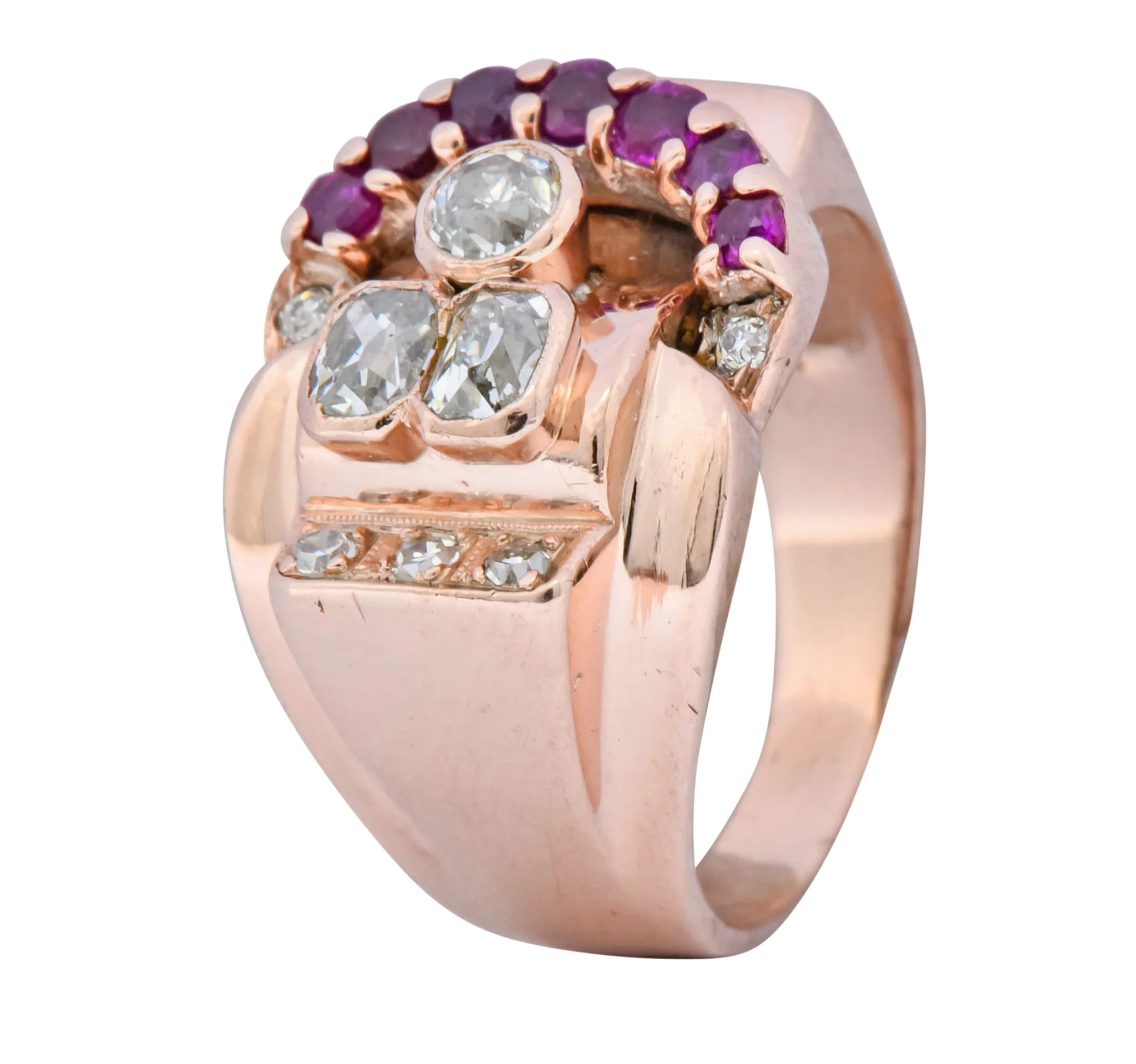 1940's Retro 1.20 CTW Diamond Ruby 14 Karat Rose Gold Buckle Ring - Image 8
