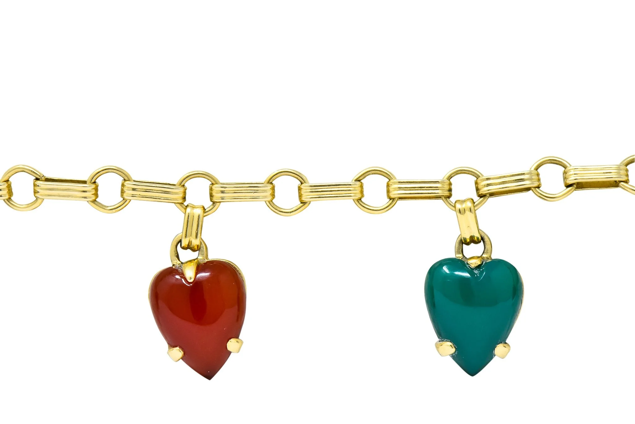 1940's Retro Agate 14 Karat Gold Heart Charm Bracelet - Image 4