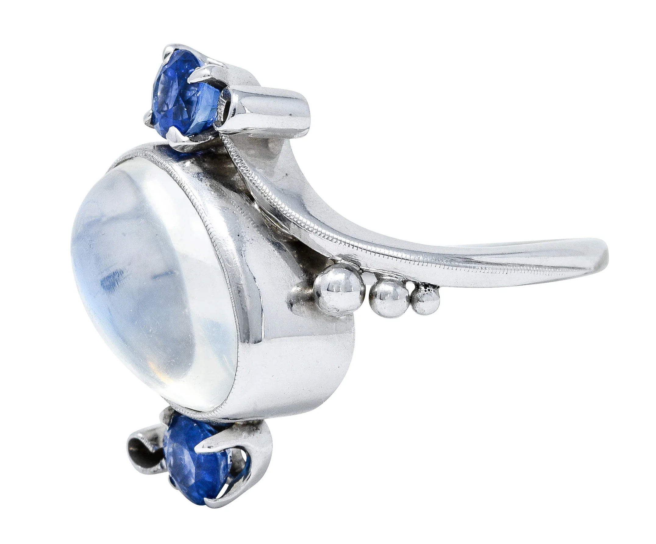 1940's Retro Moonstone Sapphire 14 Karat White Gold Bypass Ring - Image 6