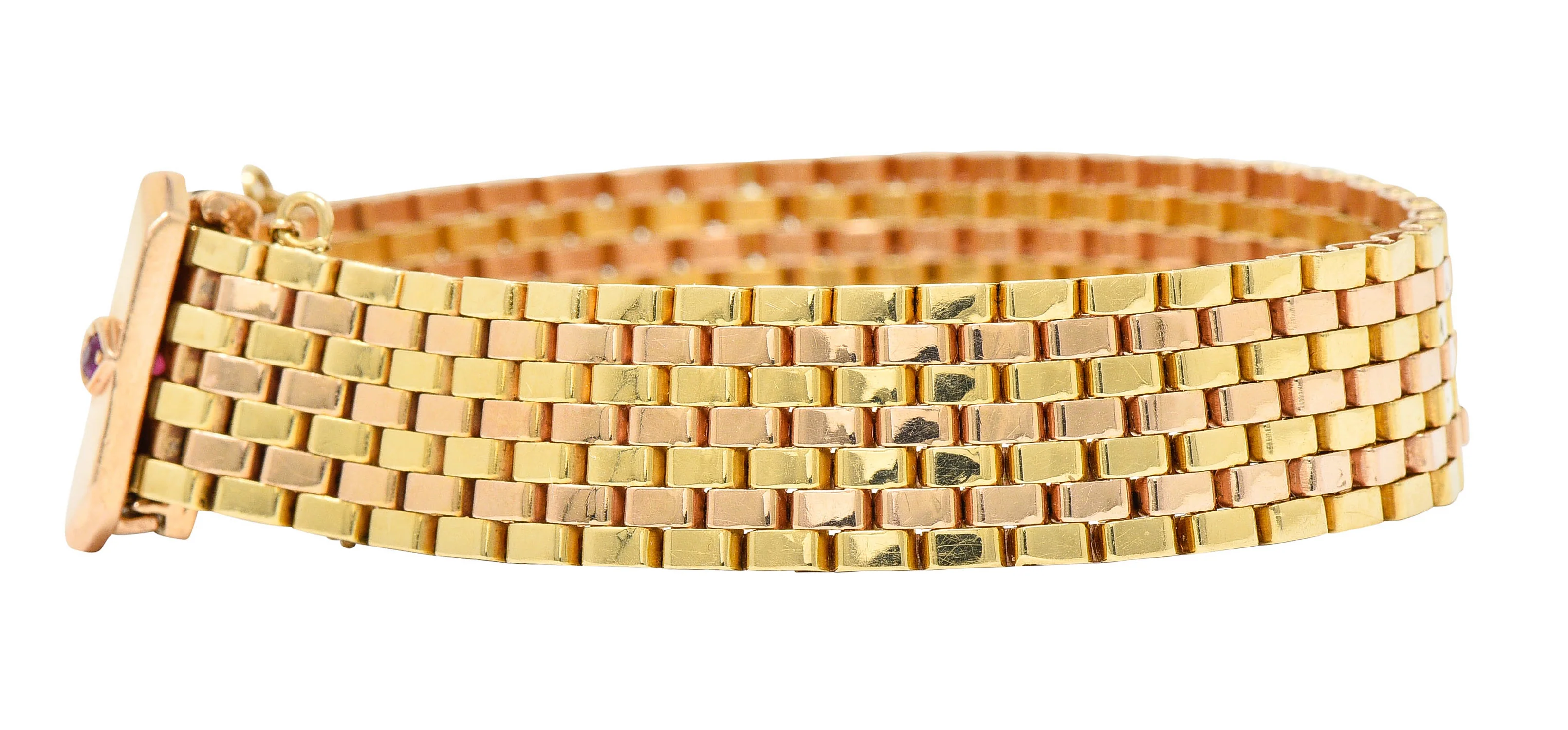 1940's Retro Ruby 14 Karat Two-Tone Gold Buckle Bracelet - Image 6