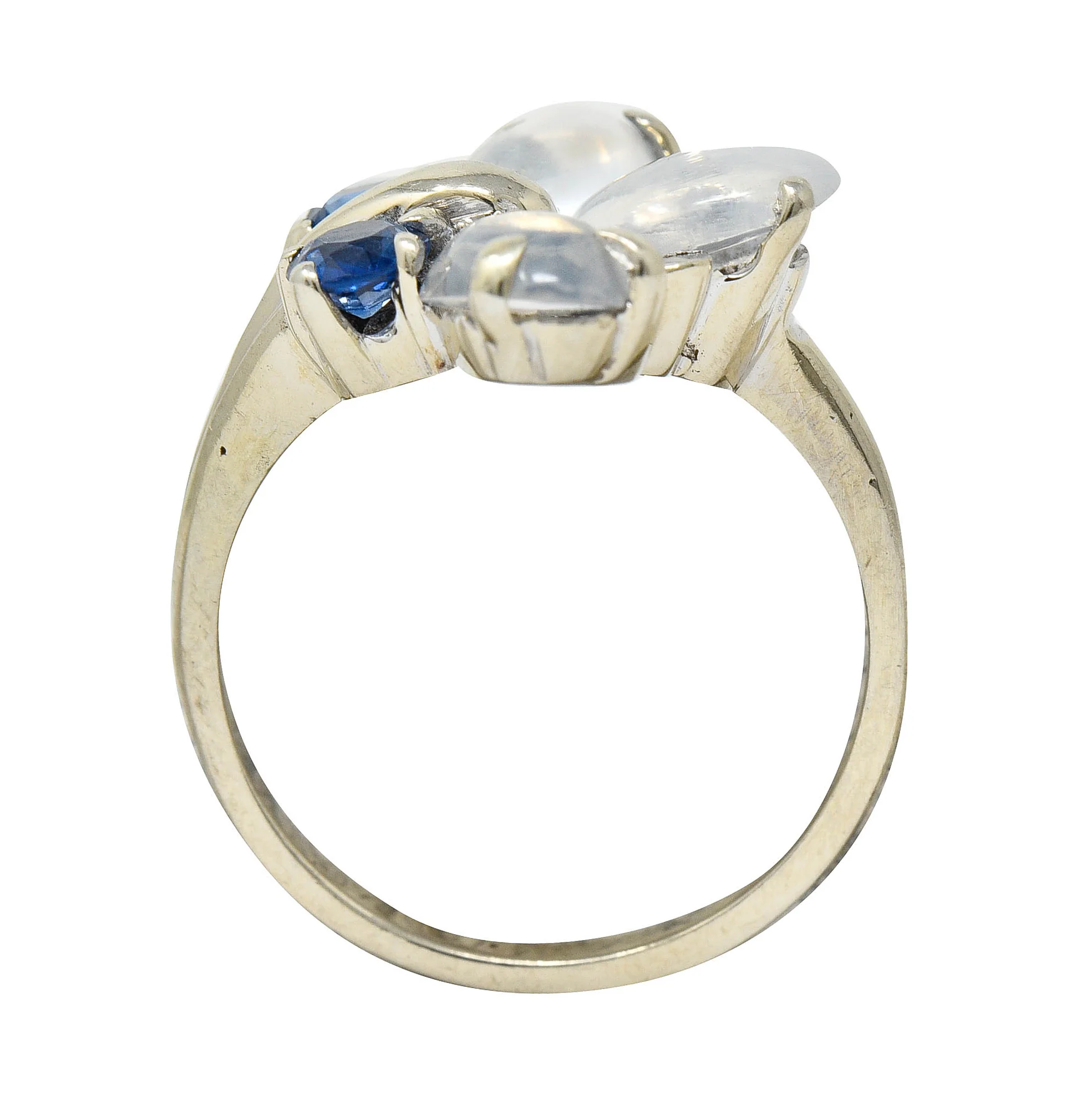 1940's Retro Sapphire Moonstone 14 Karat White Gold Floral Cluster Ring - Image 7