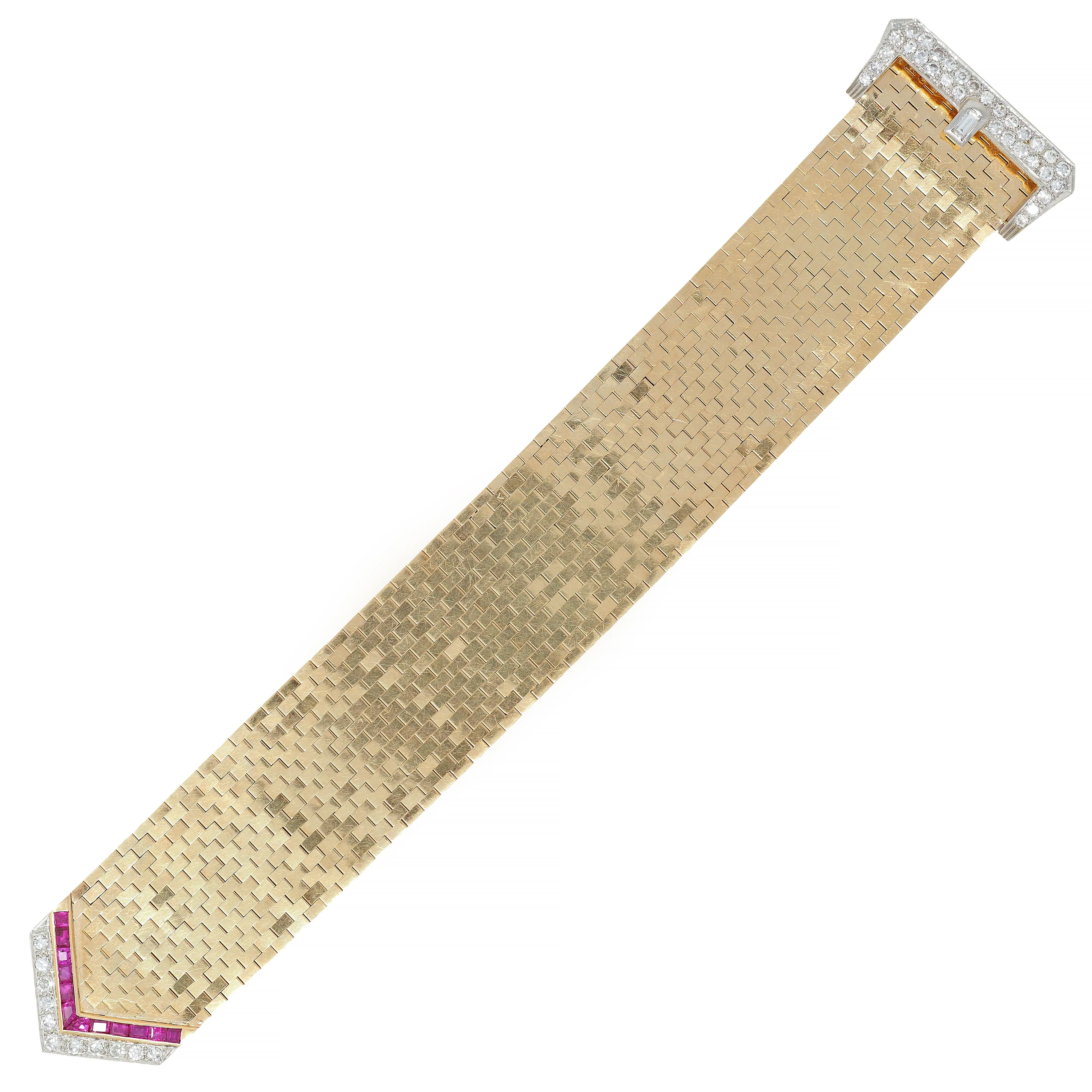 1940's Retro Wide Ruby Diamond 14 Karat Yellow Gold Platinum Jarretière Vintage Buckle Link Bracelet - Image 2