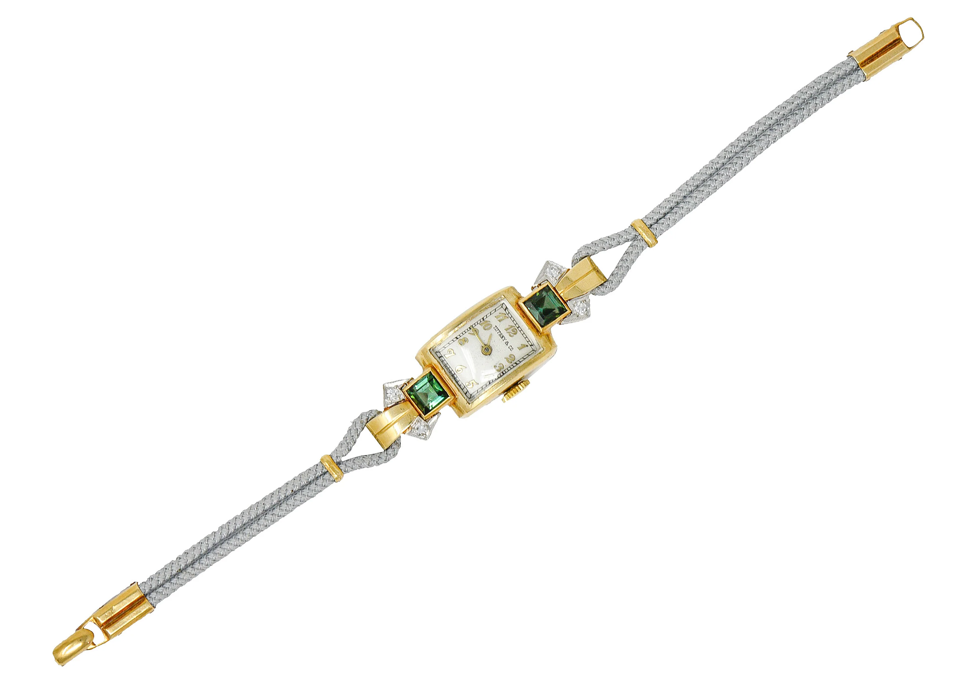 1941 Tiffany & Co. Green Tourmaline Diamond Platinum-Topped 14 Karat Gold Watch Bracelet - Image 2