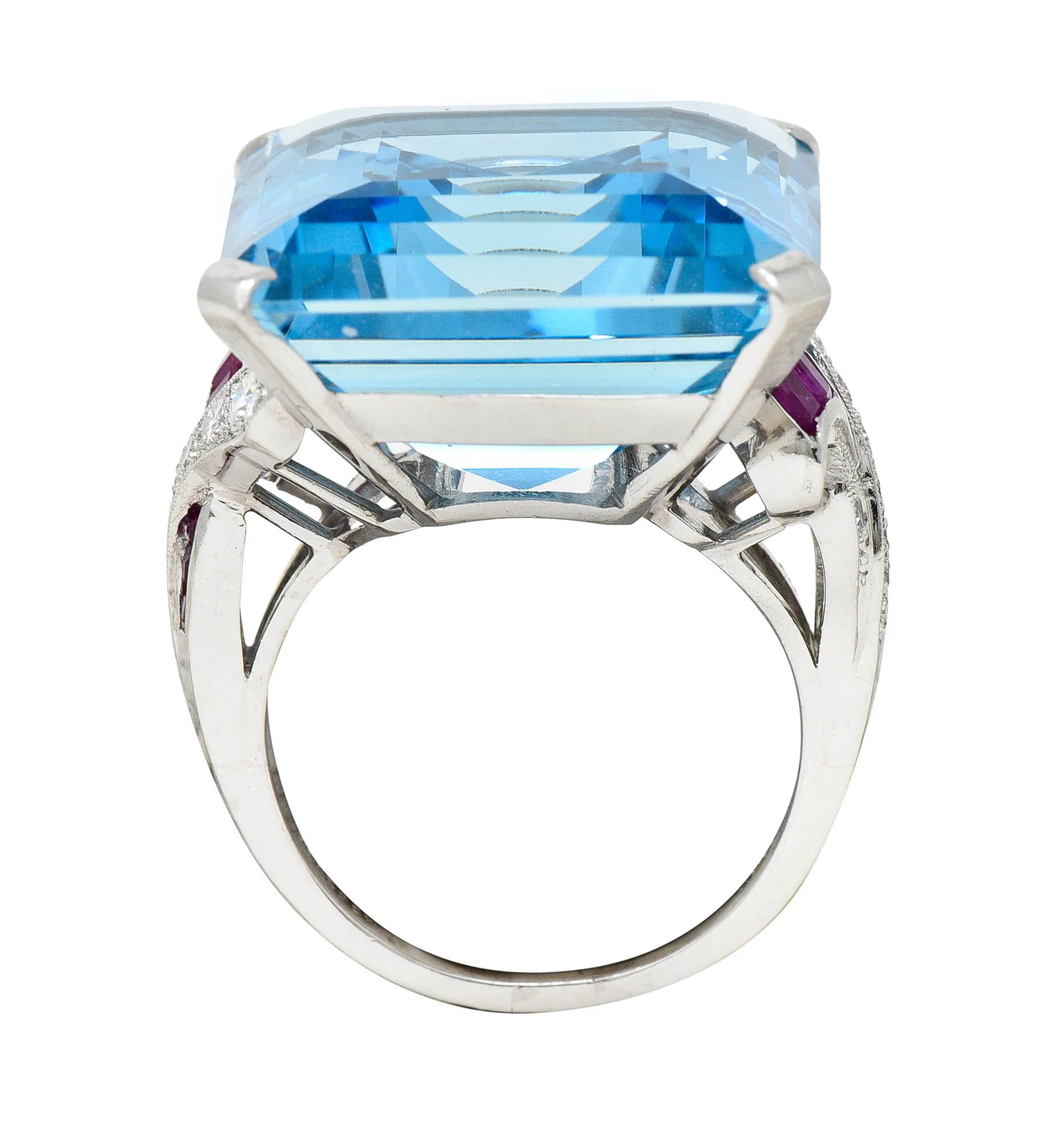 1948 Peacock 33.87 CTW Aquamarine Diamond Ruby Platinum Cocktail Ring - Image 10