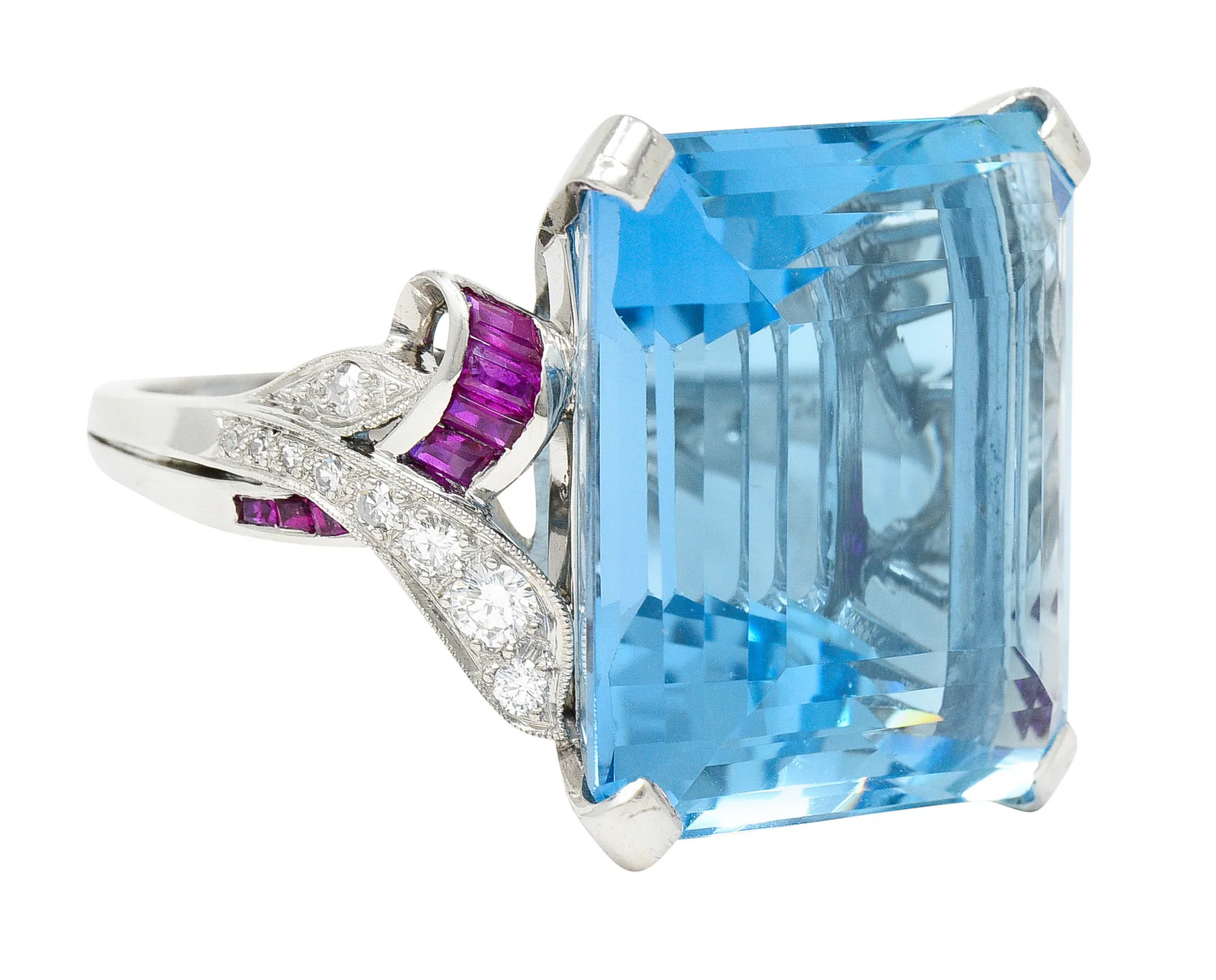 1948 Peacock 33.87 CTW Aquamarine Diamond Ruby Platinum Cocktail Ring - Image 2