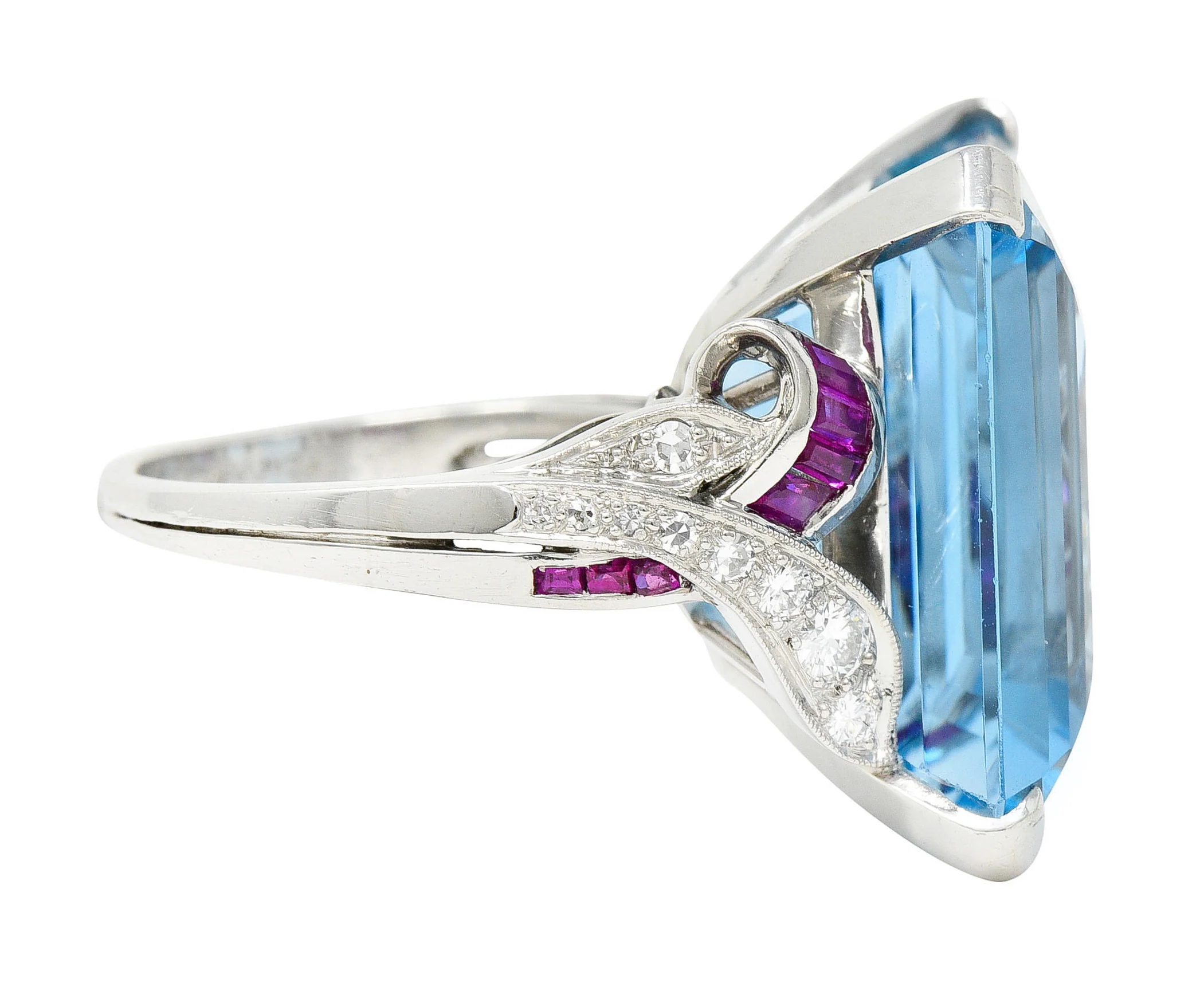 1948 Peacock 33.87 CTW Aquamarine Diamond Ruby Platinum Cocktail Ring - Image 4