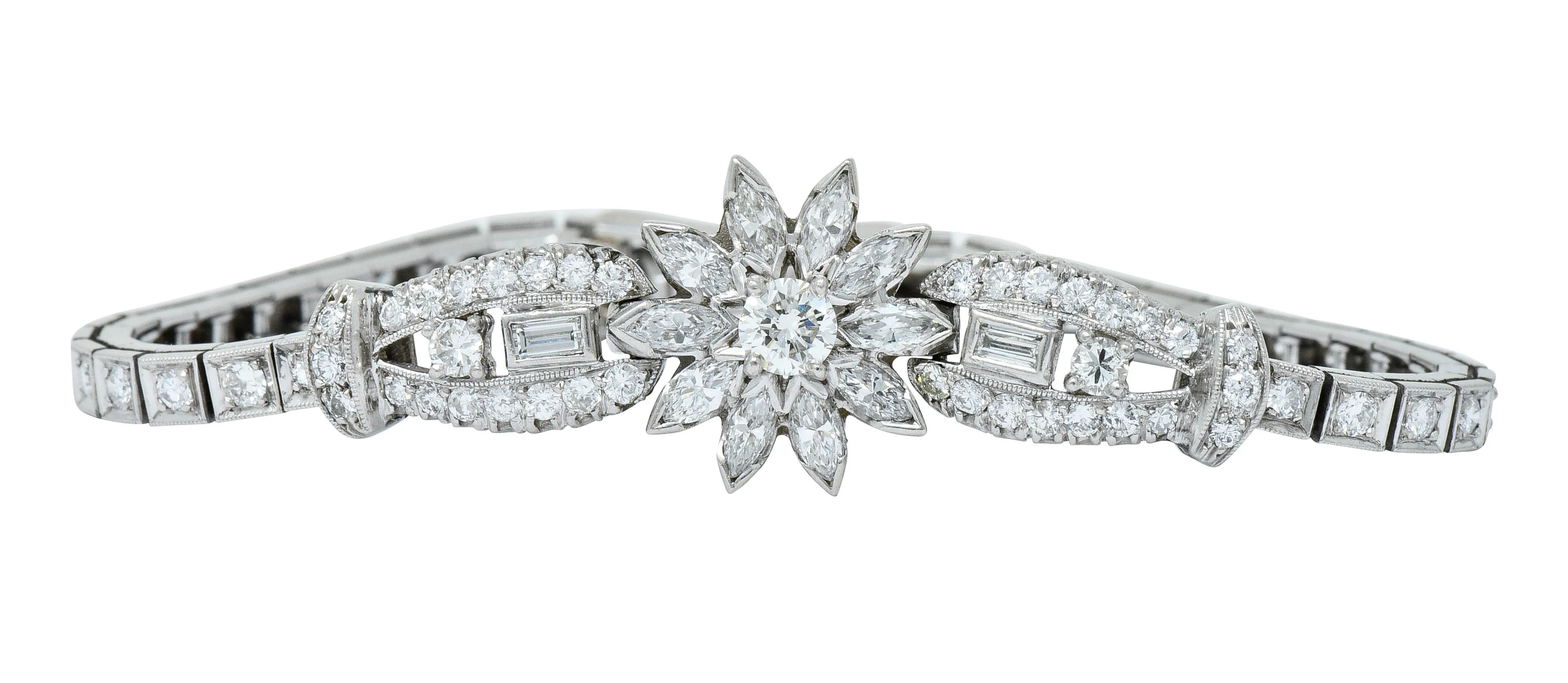 1950’s Mid-Century 4.00 CTW Diamond Platinum Floral Cluster Link Bracelet - Image 2
