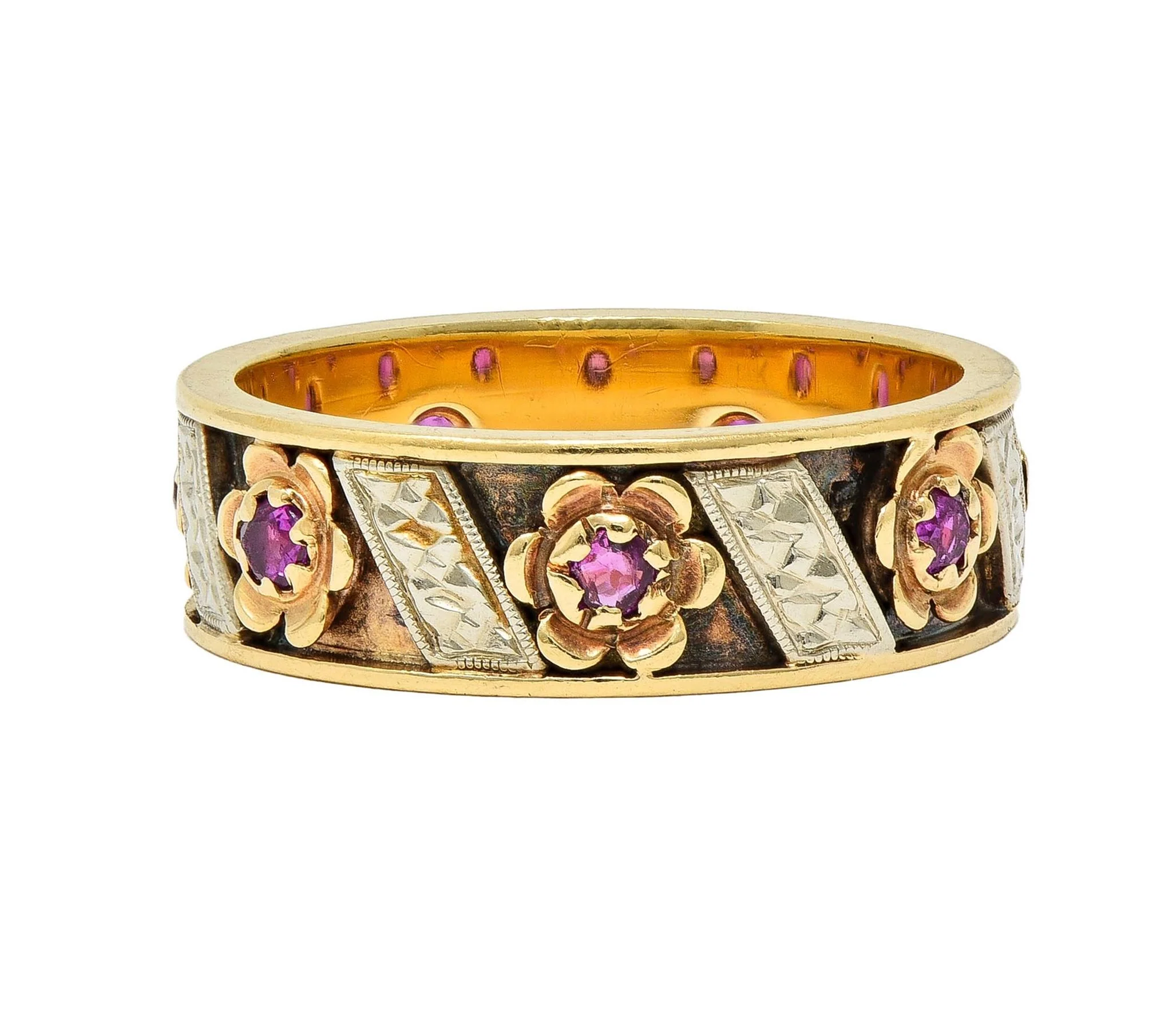 1950's 0.52 CTW Ruby 14 Karat Two-Tone Gold Vintage Floral Band Ring - Image 4