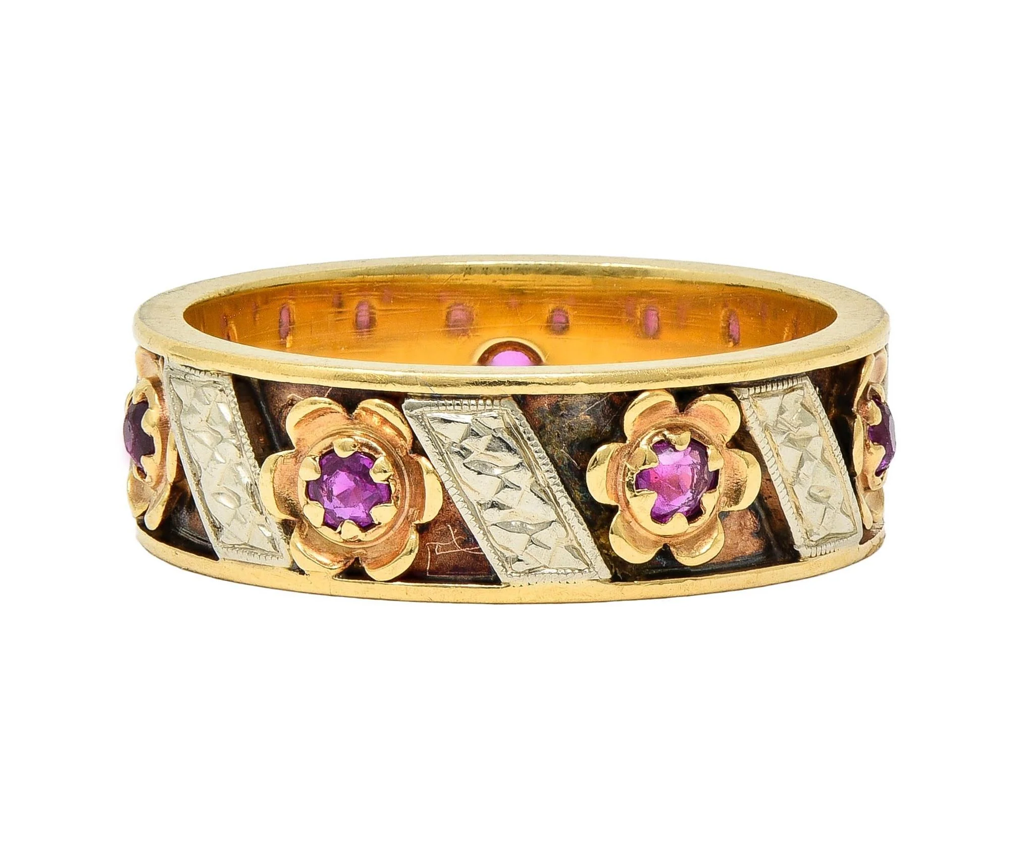 1950's 0.52 CTW Ruby 14 Karat Two-Tone Gold Vintage Floral Band Ring - Image 5