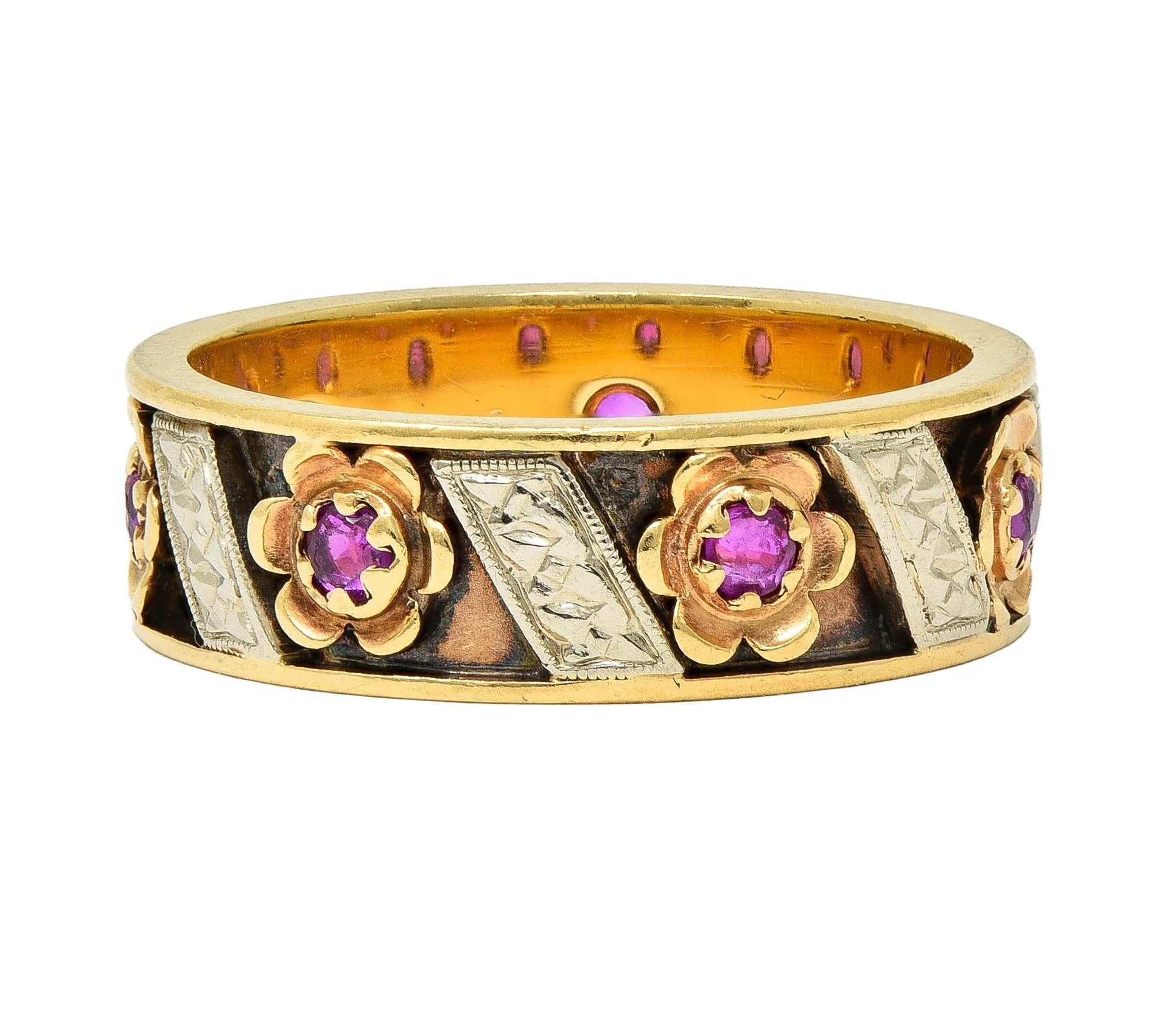 1950's 0.52 CTW Ruby 14 Karat Two-Tone Gold Vintage Floral Band Ring - Image 7