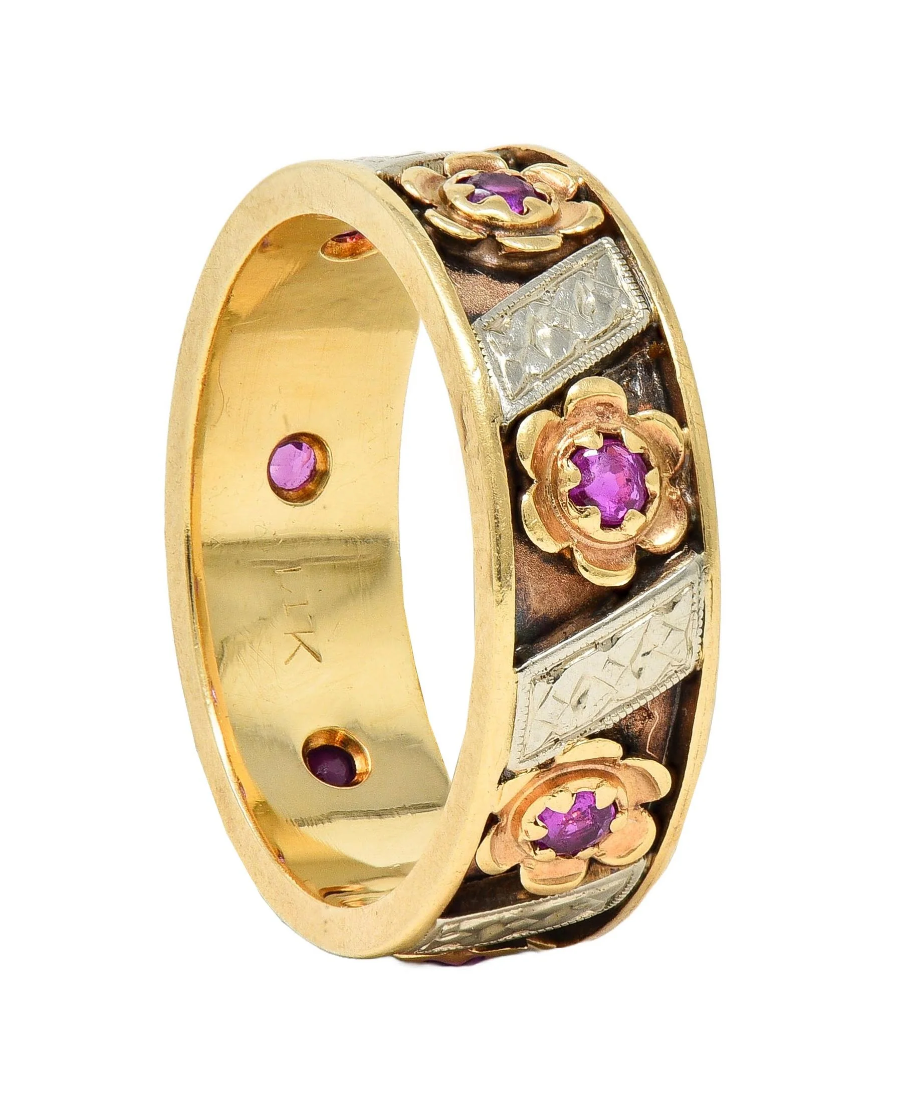 1950's 0.52 CTW Ruby 14 Karat Two-Tone Gold Vintage Floral Band Ring - Image 8