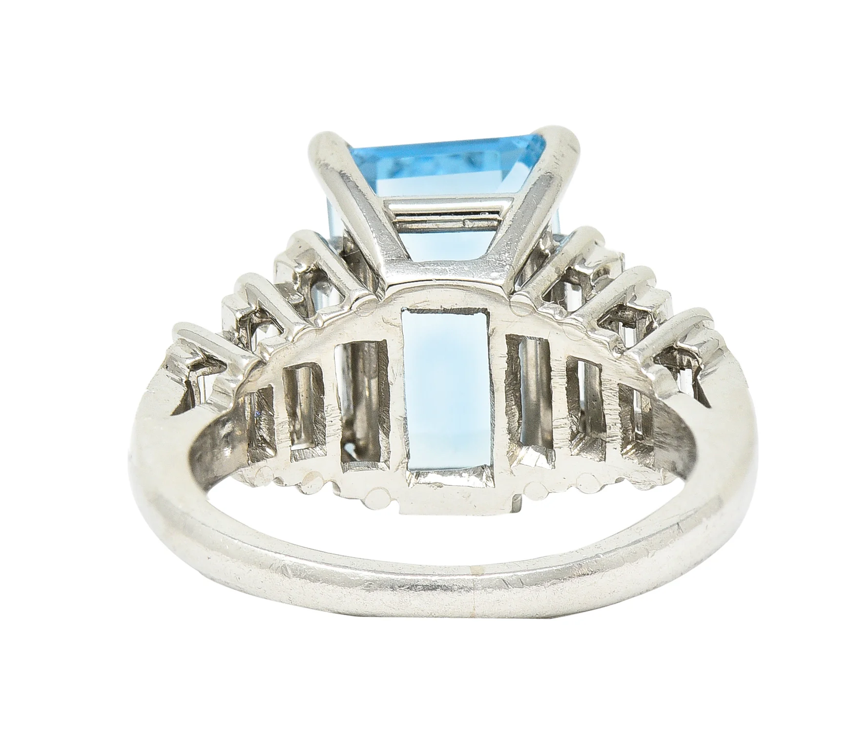 1950's 4.53 CTW Emerald Cut Aquamarine Baguette Cut Diamond Platinum Stepped Vintage Cocktail Ring - Image 5