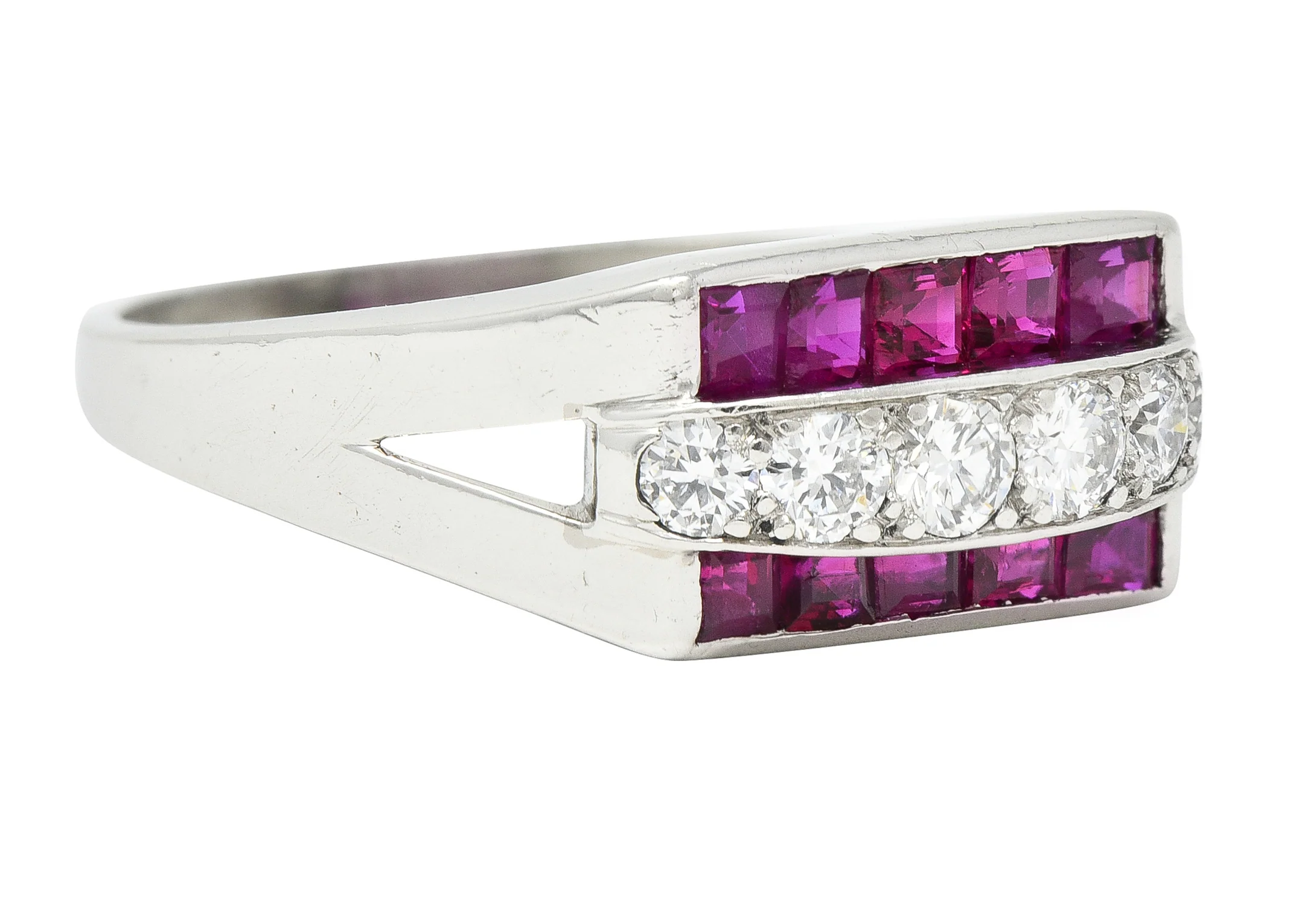 1950's Mid-Century 1.05 CTW Ruby Diamond Platinum Band Ring - Image 2