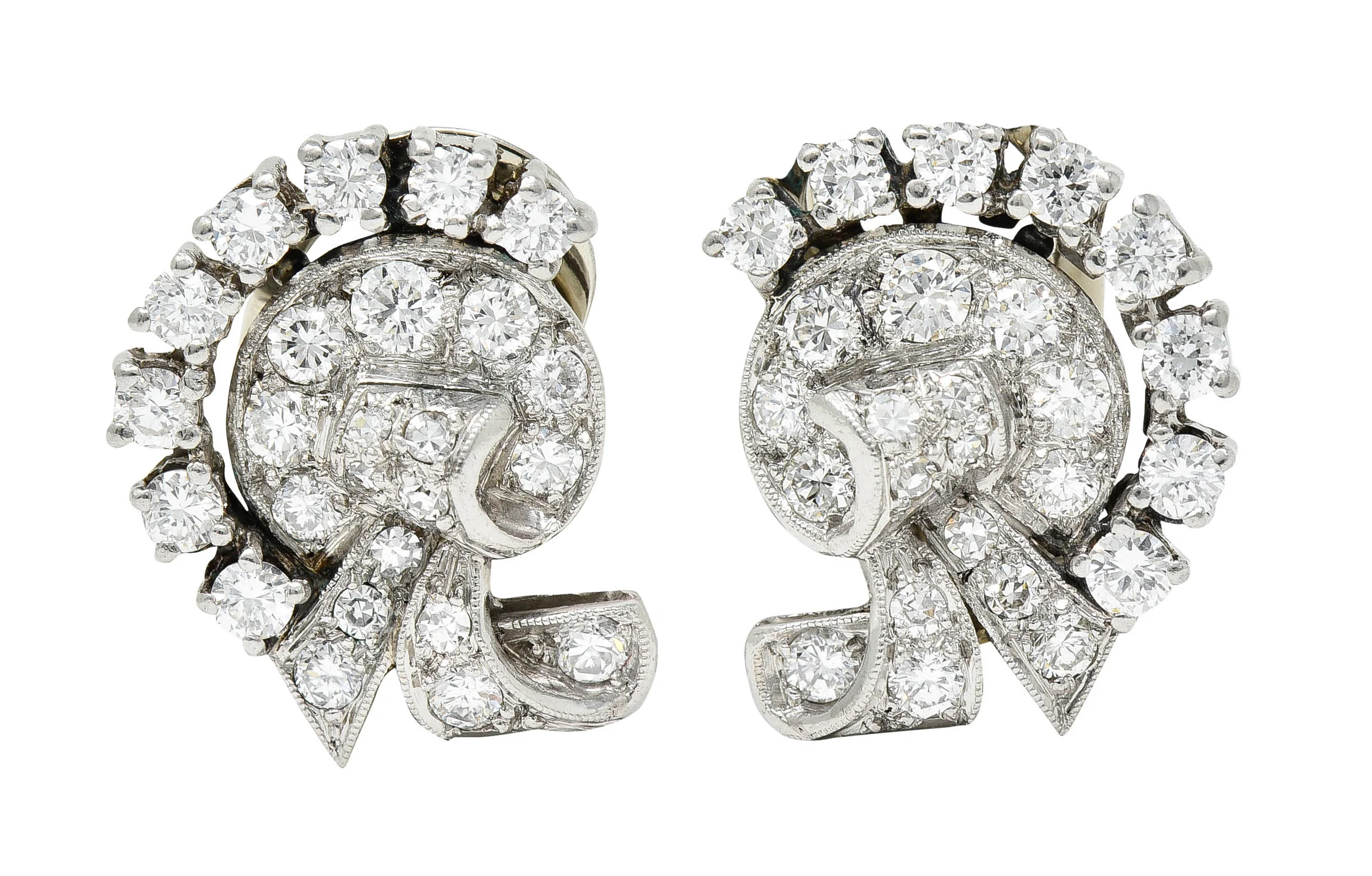 1950's Mid-Century 1.15 CTW Diamond Platinum Ribboned Ear-Clip Earrings