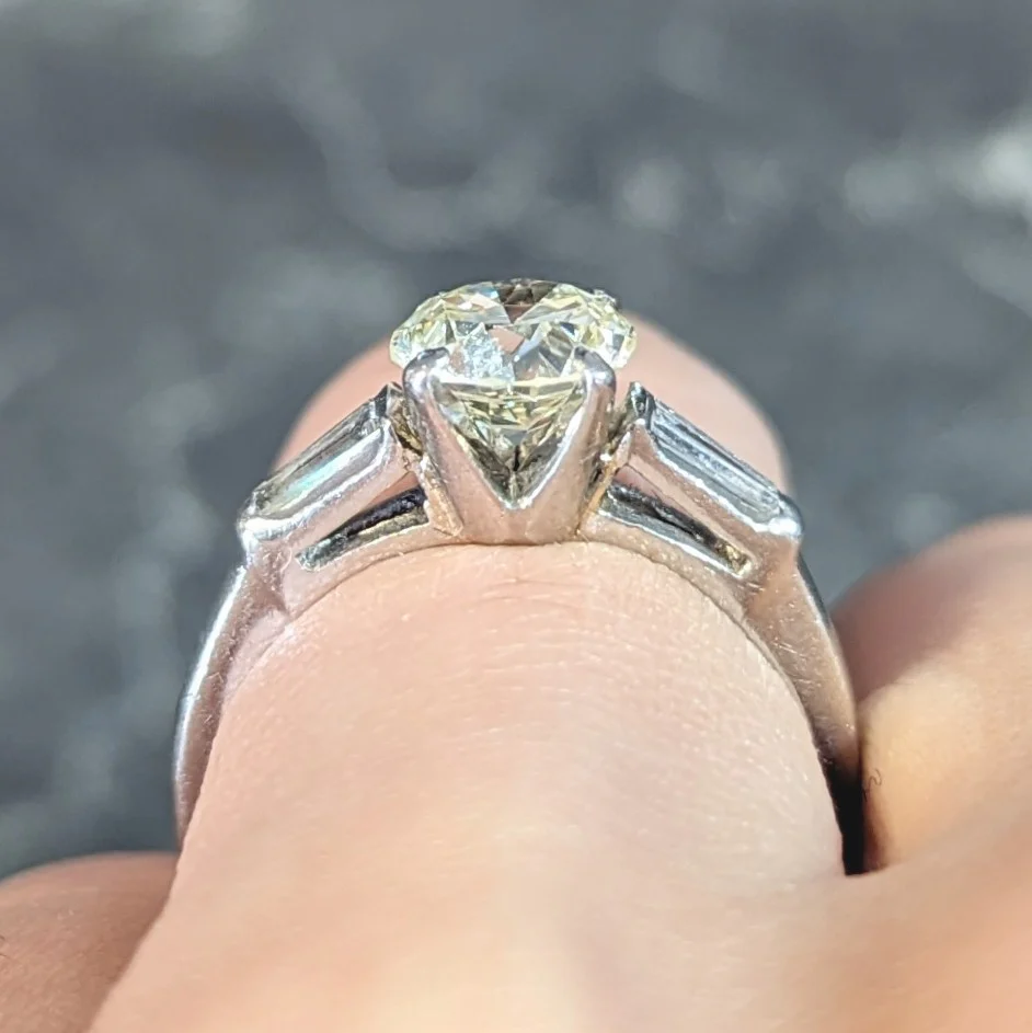 1950s Mid Century 1.50 CTW Transitional Diamond Platinum Three Stone Vintage Engagement Ring - Image 14
