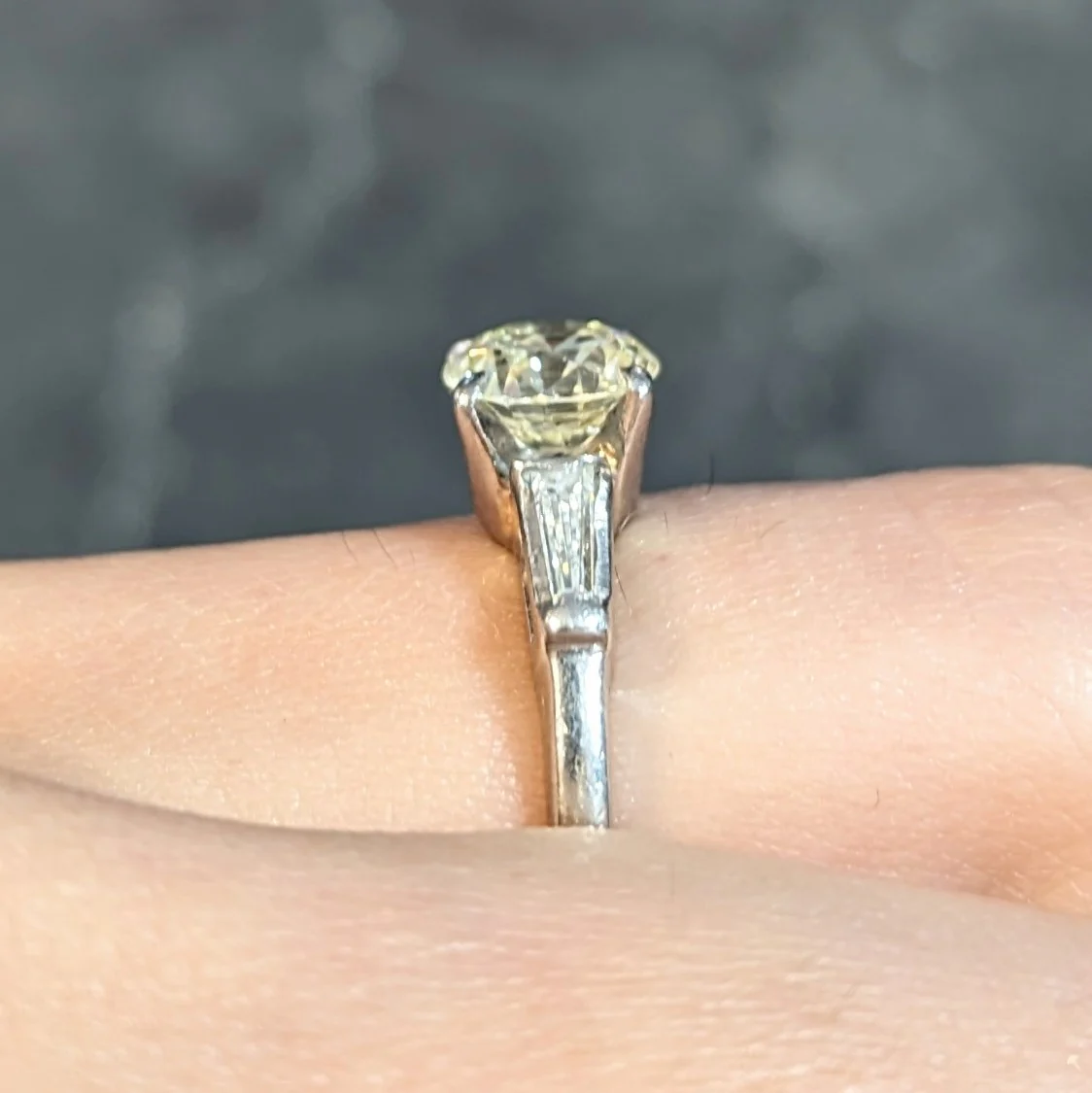 1950s Mid Century 1.50 CTW Transitional Diamond Platinum Three Stone Vintage Engagement Ring - Image 15