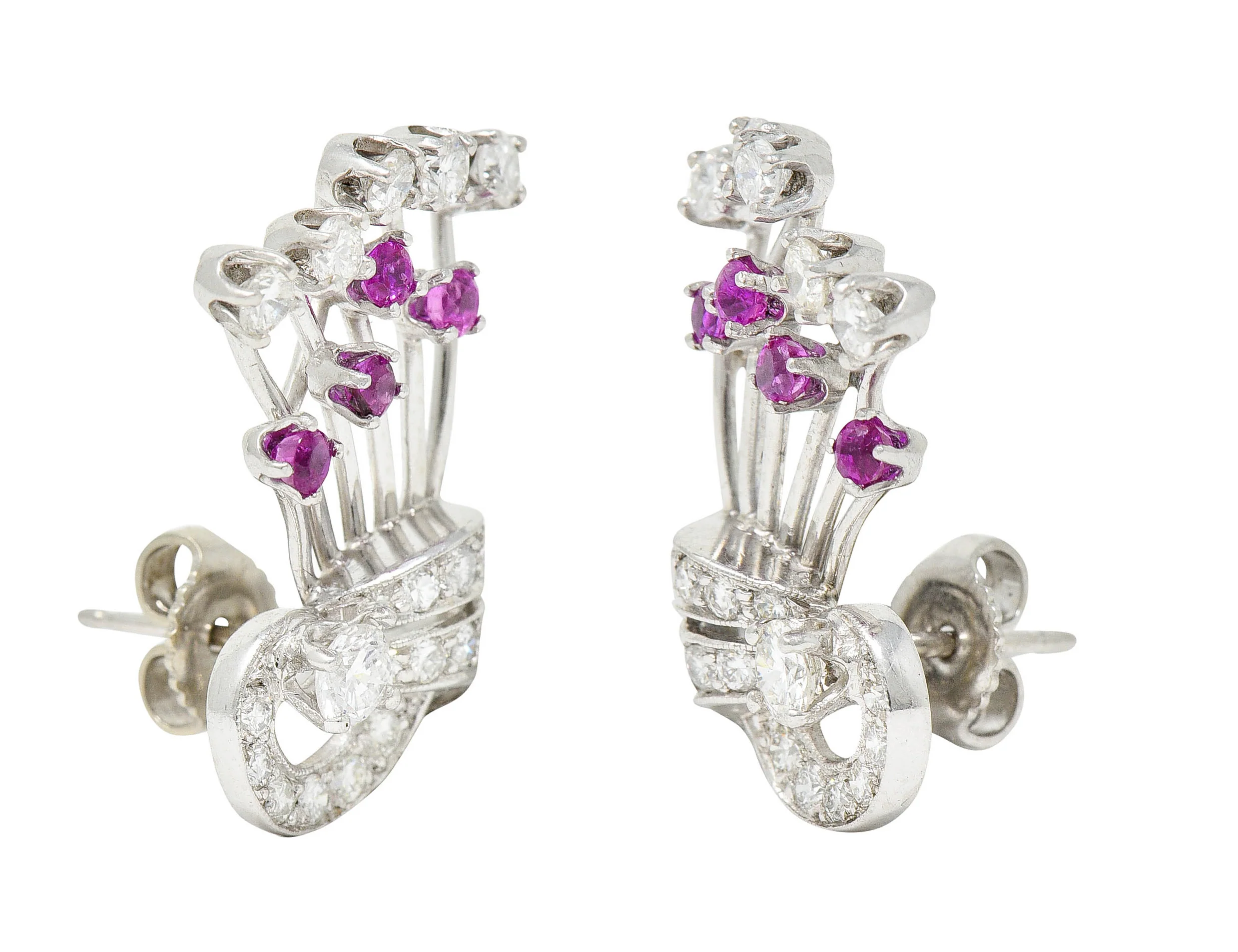 1950's Mid-Century 1.80 CTW Ruby Diamond Platinum Spray Earrings - Image 6