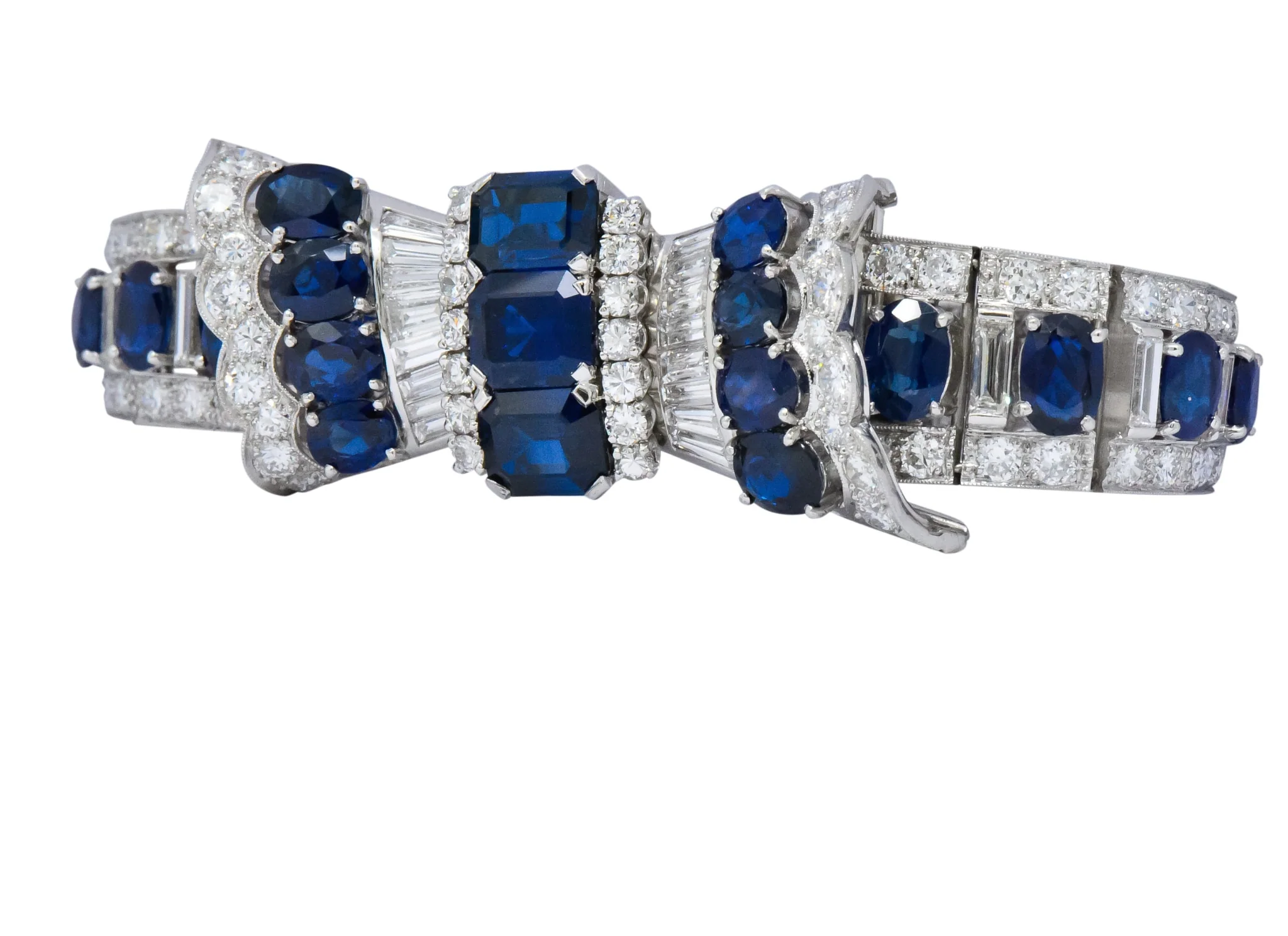 1950's Mid-Century 27.50 CTW Sapphire Diamond Platinum Bow Link Bracelet - Image 2
