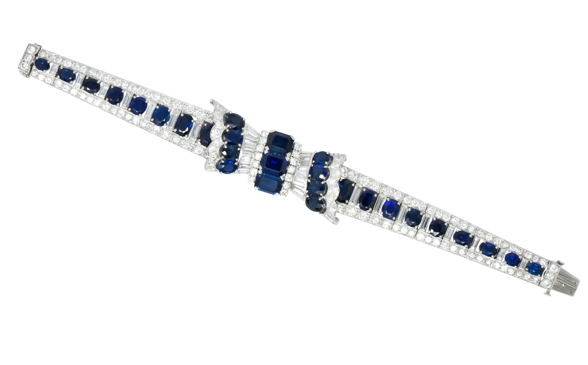 1950's Mid-Century 27.50 CTW Sapphire Diamond Platinum Bow Link Bracelet - Image 6