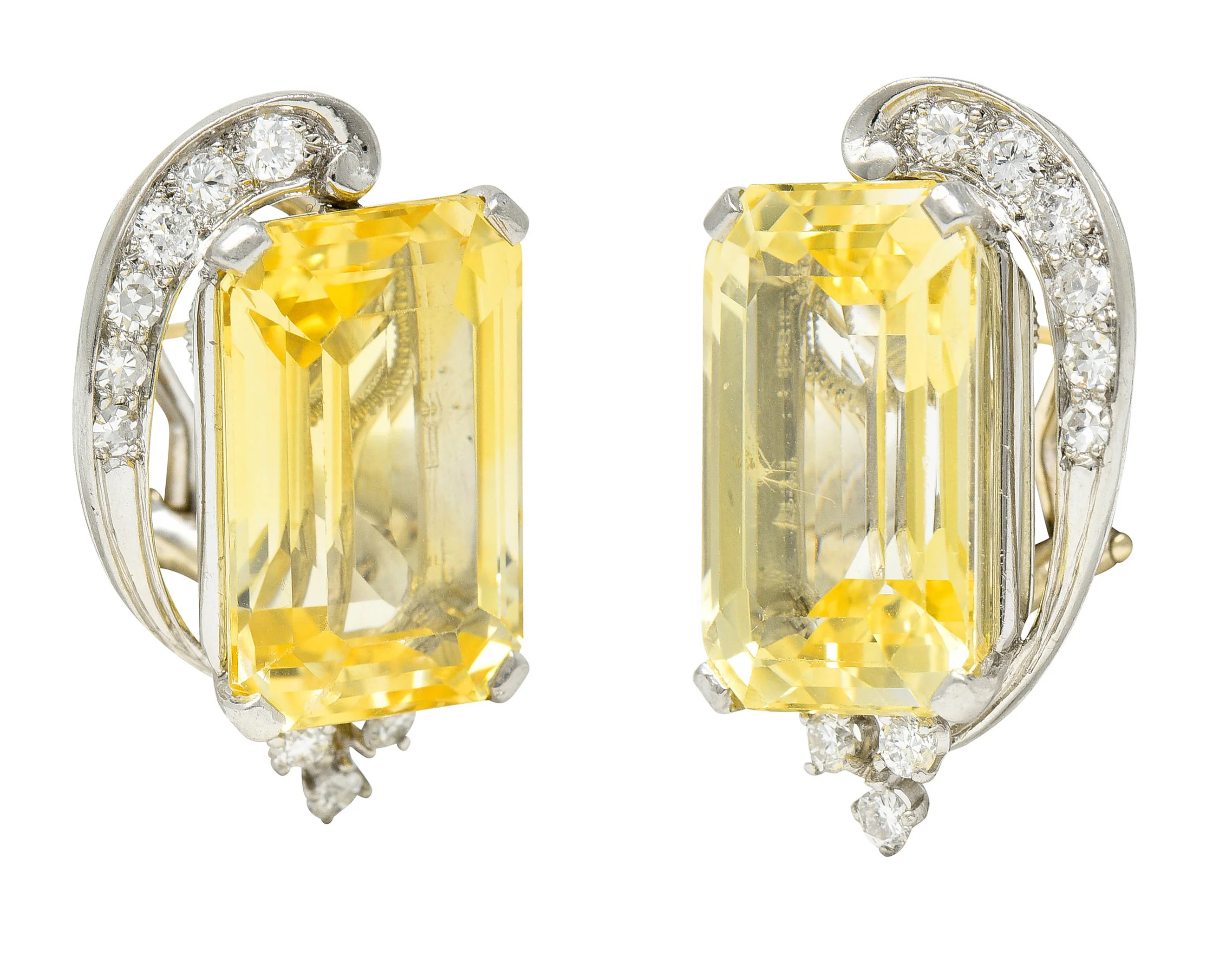 1950's Mid-Century 28.05 CTW Yellow Sapphire Diamond Platinum Earrings - Image 6