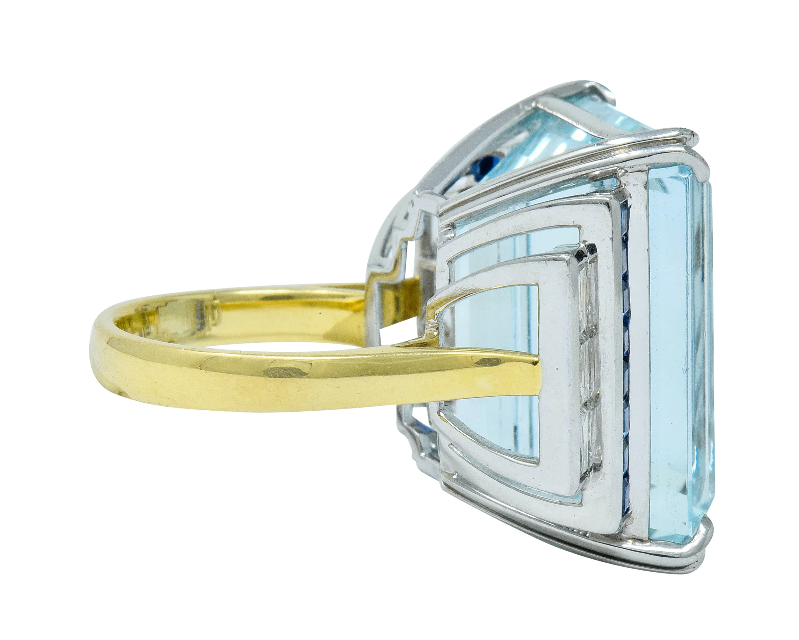 1950's Mid-Century 41.22 CTW Aquamarine Sapphire Diamond Platinum 18 Karat Gold Cocktail Ring - Image 3