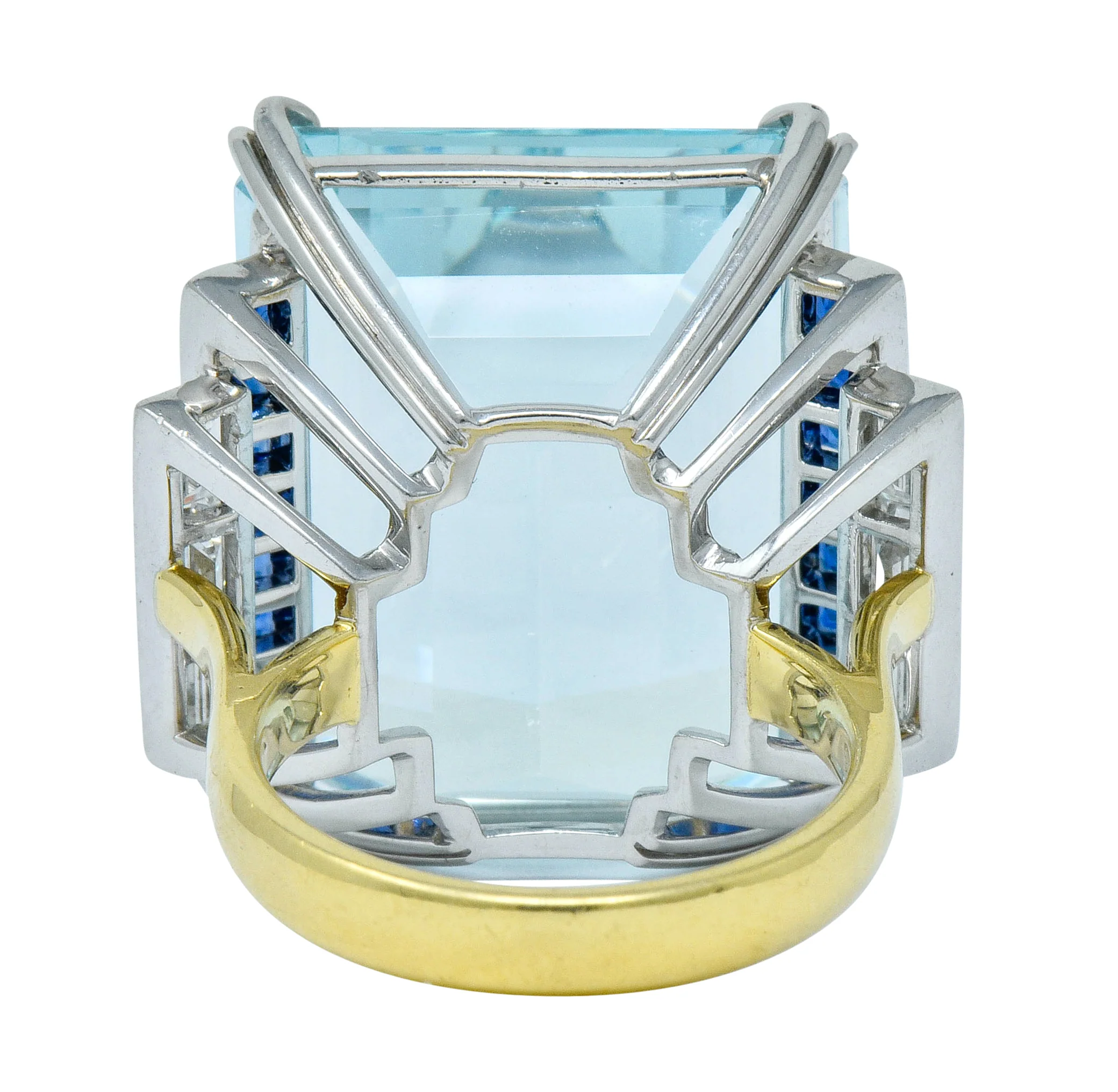 1950's Mid-Century 41.22 CTW Aquamarine Sapphire Diamond Platinum 18 Karat Gold Cocktail Ring - Image 4