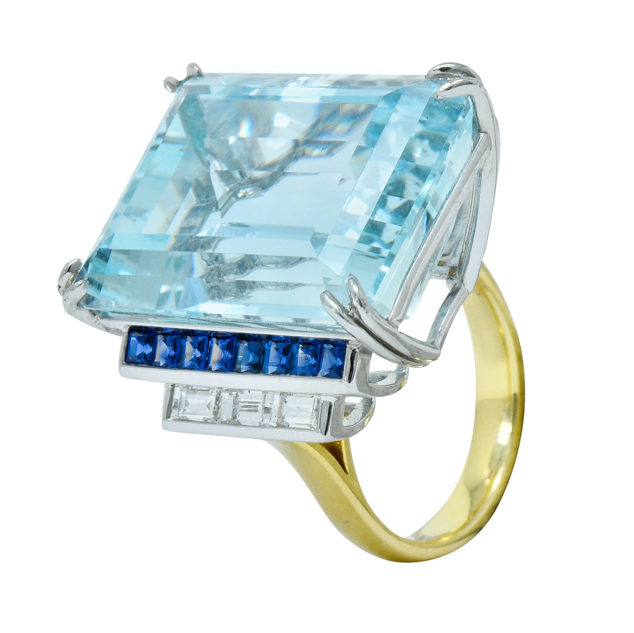 1950's Mid-Century 41.22 CTW Aquamarine Sapphire Diamond Platinum 18 Karat Gold Cocktail Ring - Image 8