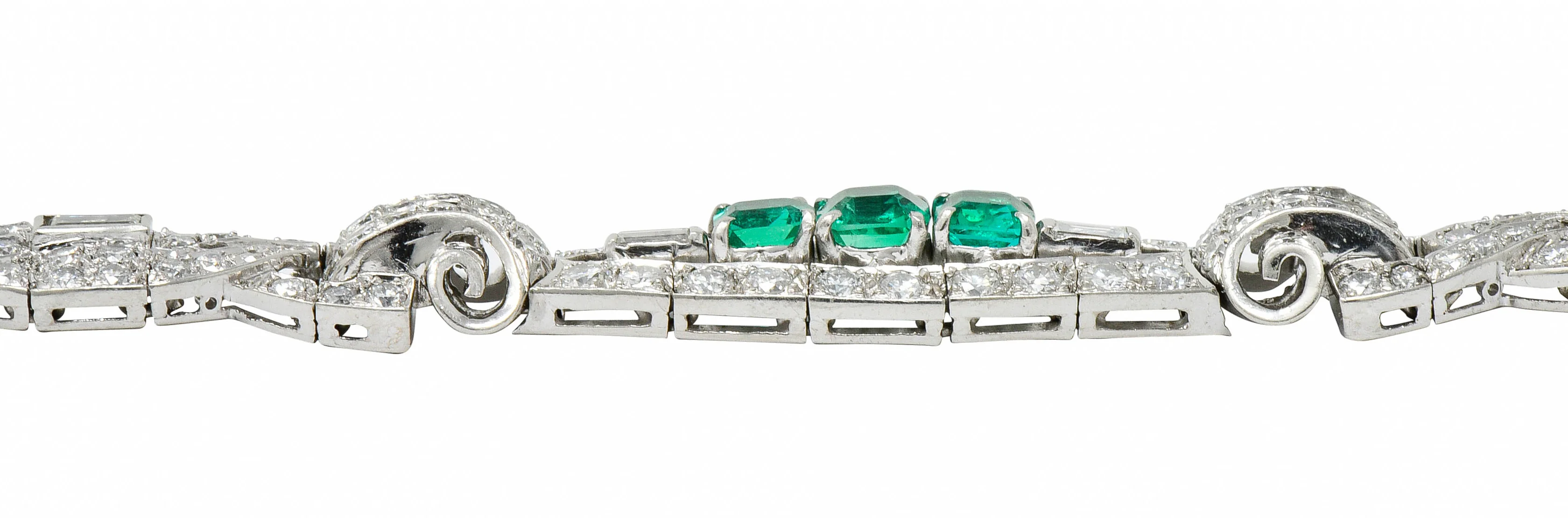 1950's Mid-Century 9.55 CTW Emerald Diamond Platinum Scrolled Link Bracelet - Image 12