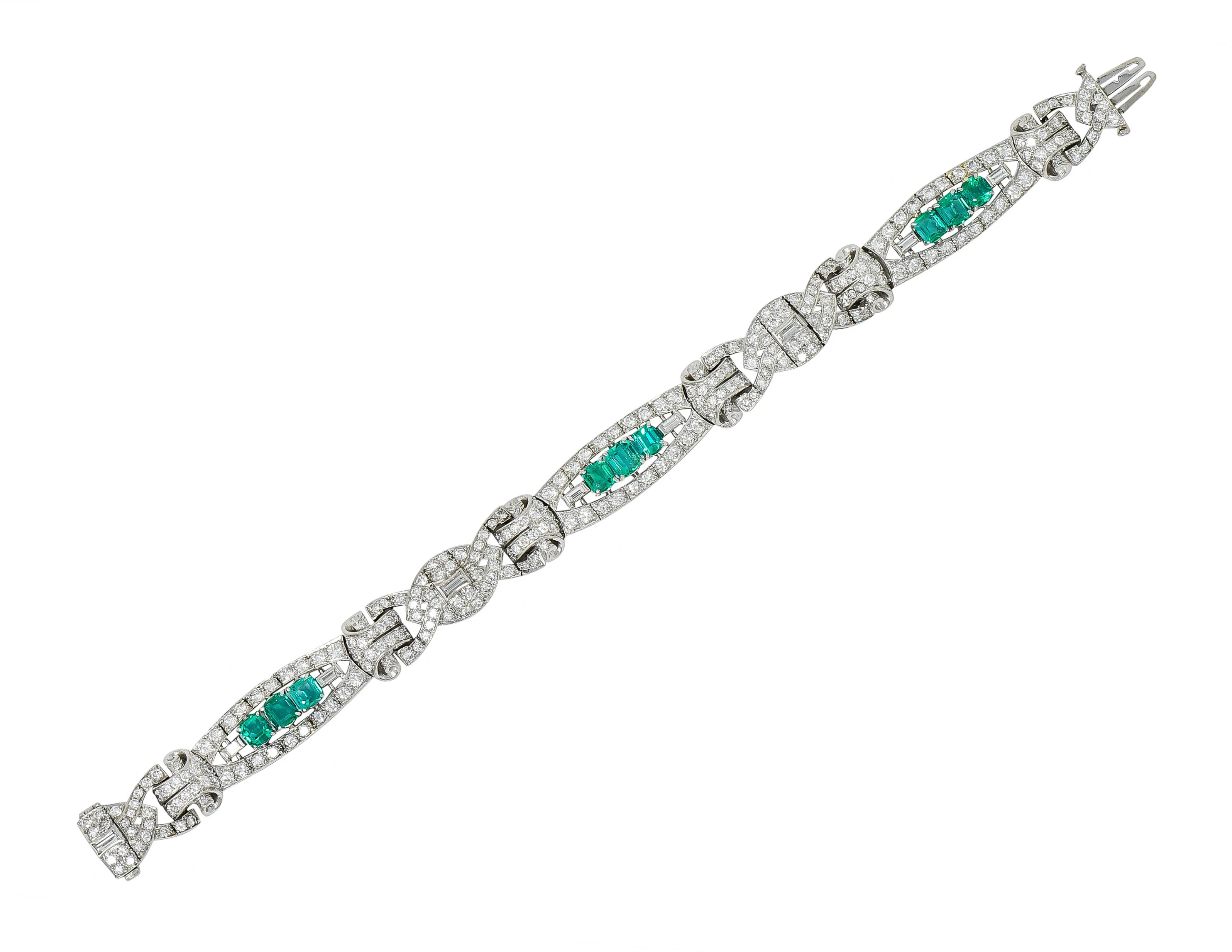1950's Mid-Century 9.55 CTW Emerald Diamond Platinum Scrolled Link Bracelet - Image 2