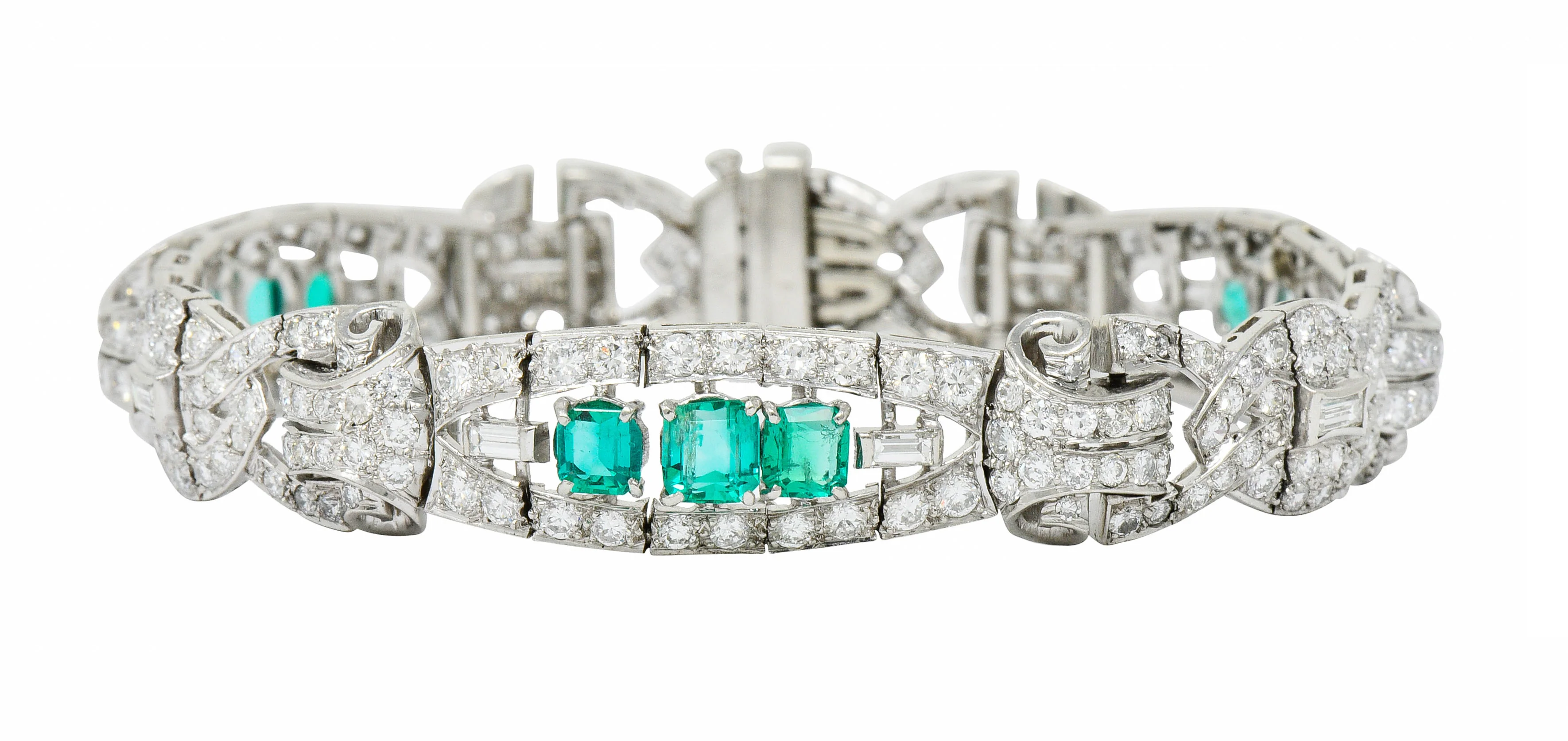 1950's Mid-Century 9.55 CTW Emerald Diamond Platinum Scrolled Link Bracelet - Image 3
