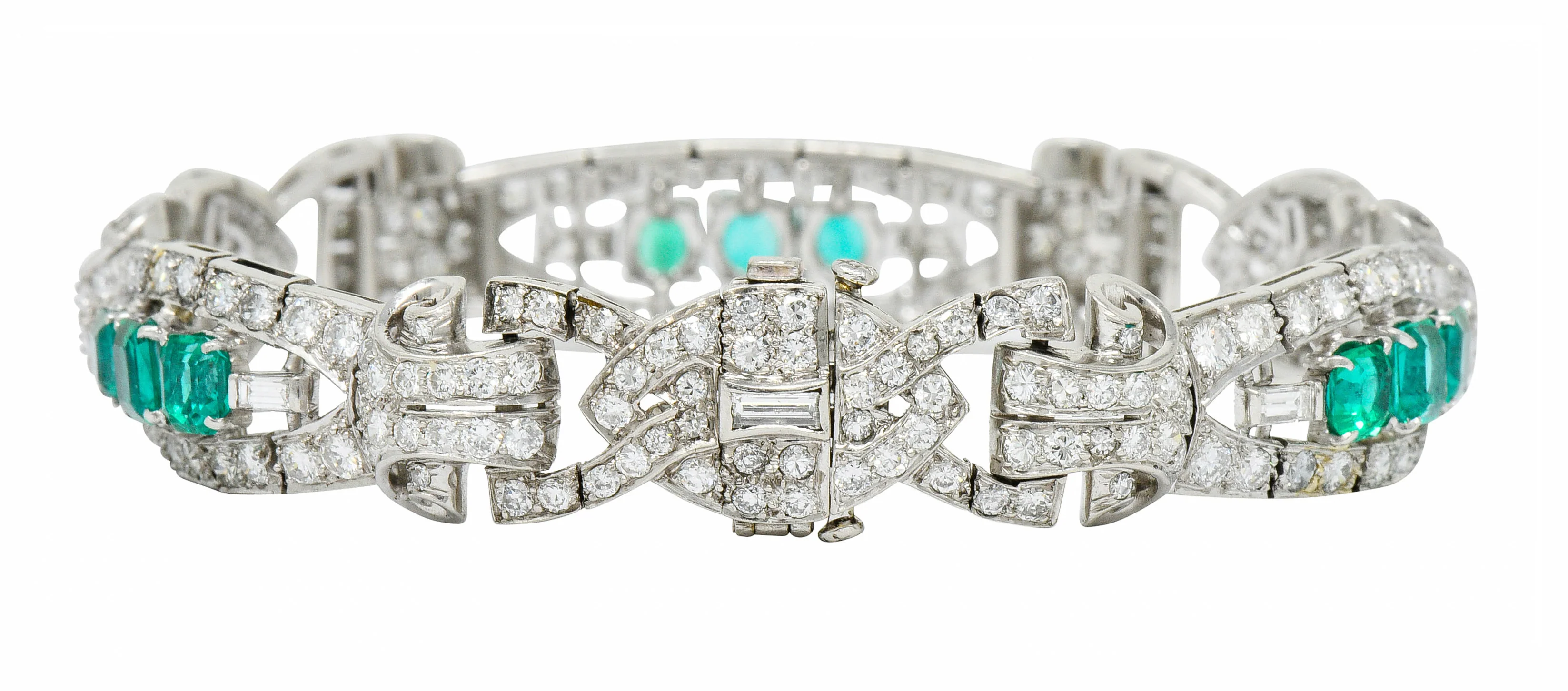 1950's Mid-Century 9.55 CTW Emerald Diamond Platinum Scrolled Link Bracelet - Image 5